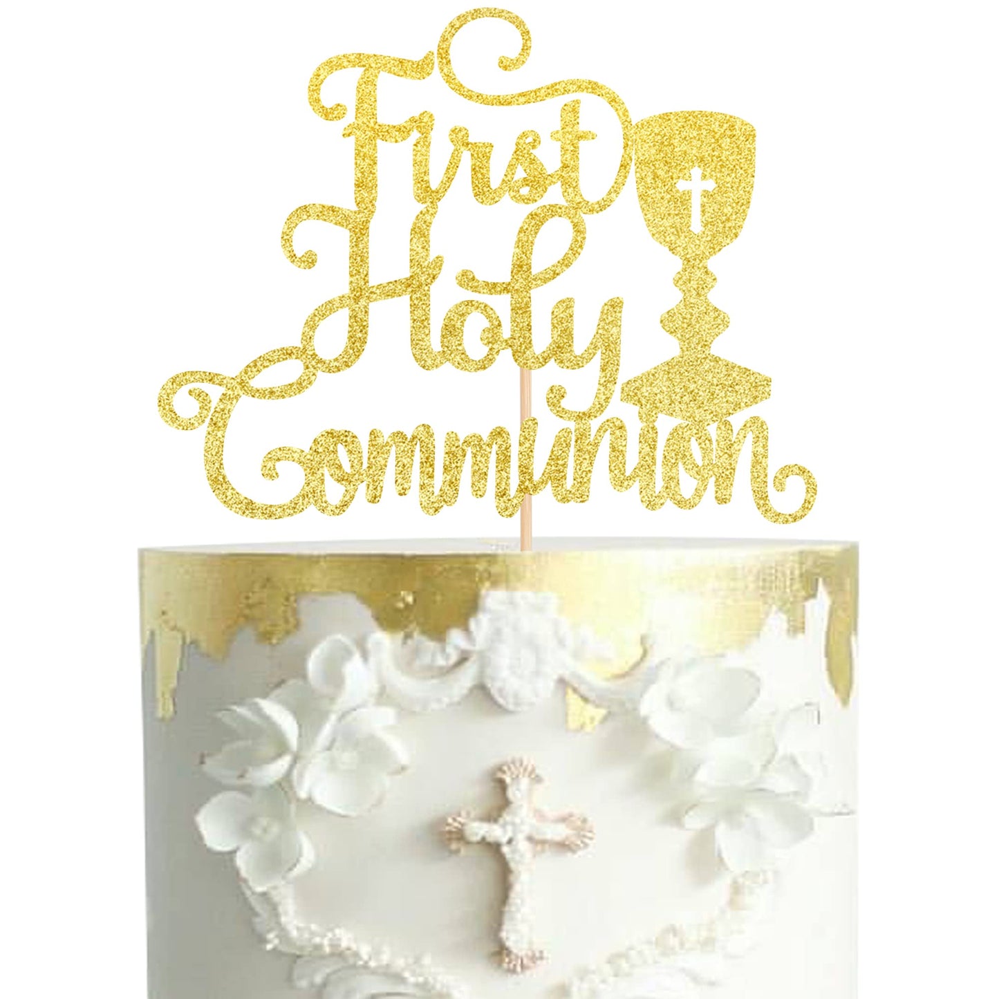 1 PCS First Holy Communion Cake Topper Glitter Christian Baby Baptism Cake Pick God Bless Cake Decorations for First Communion T