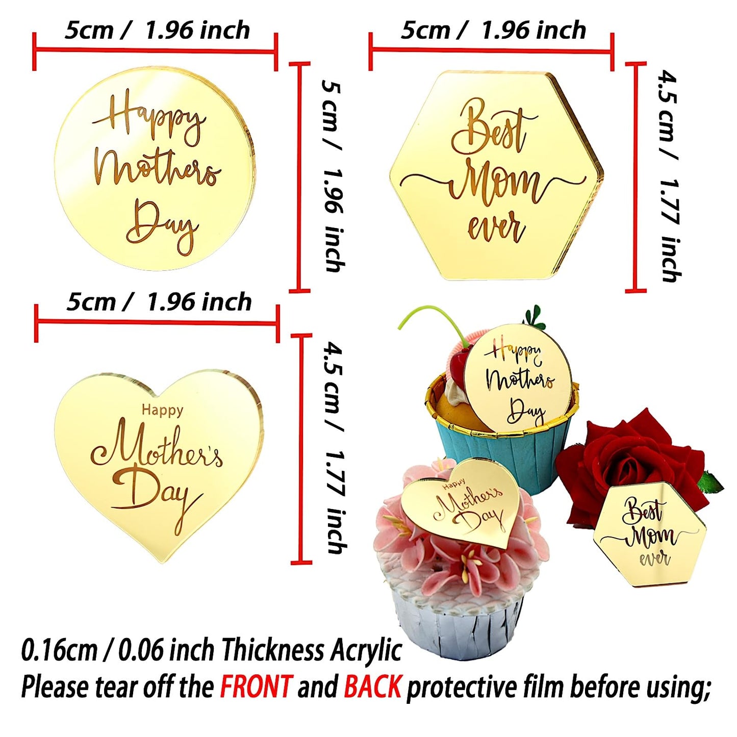 AiQi Bakes Happy Mothers Day Cupcake Toppers, 24 Pieces, Gold Mirror Acrylic, Circle Hexagon Heart Shapes, Model AQHMD-X24
