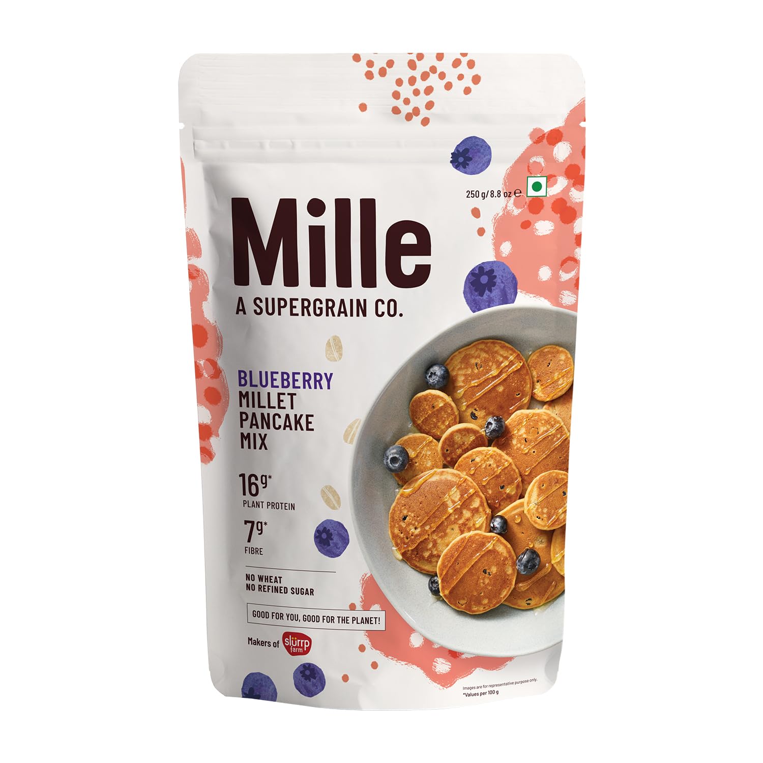 Mille Blueberry Millet Pancake Mix | 2X Plant Protein & 3.5X Fiber | High Protein Breakfast | Supports Energy, Gut Health & Satiety | No Wheat, No Refined Sugar | 8.82 Oz (250G)