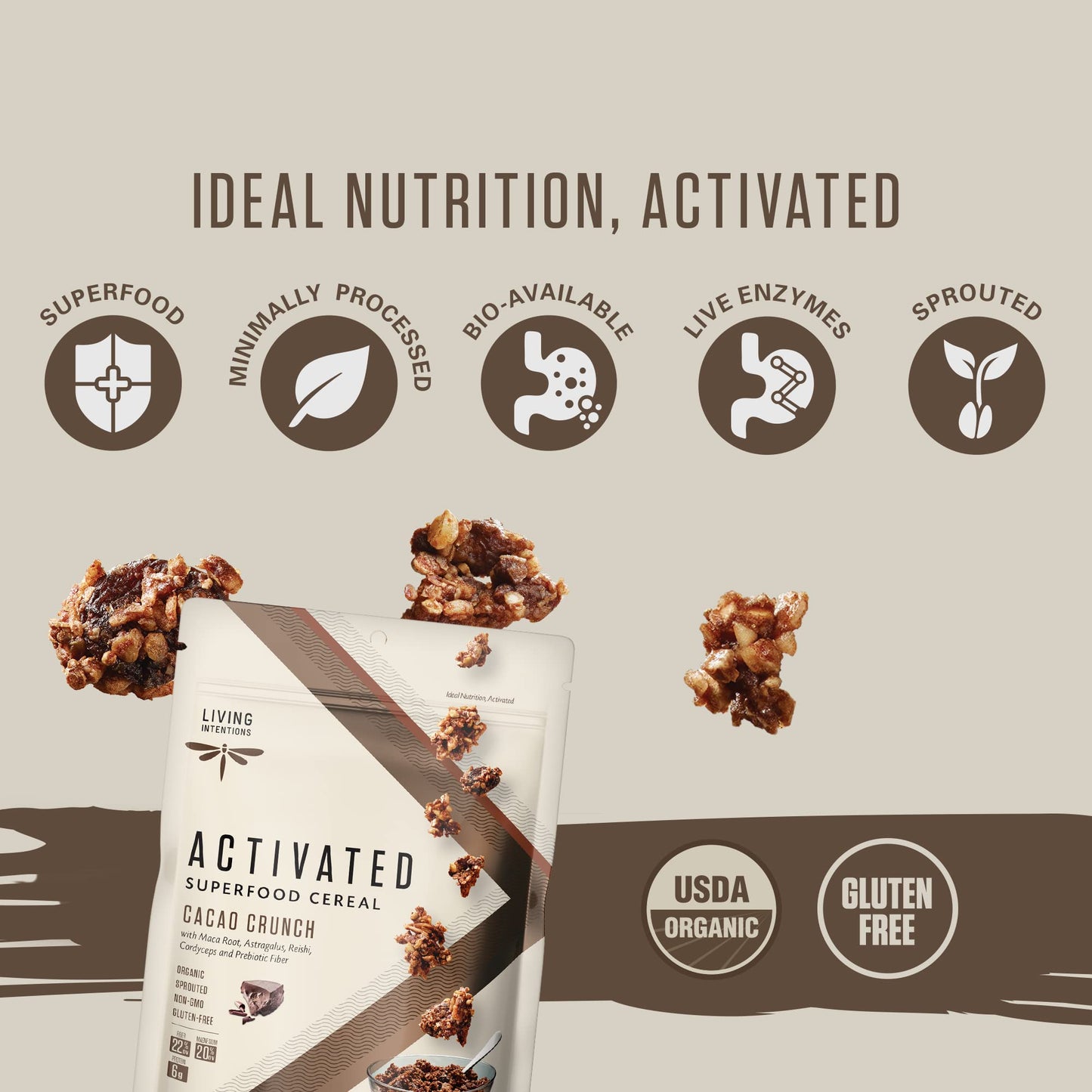 Living Intentions Organic Superfood cereal - cacao crunch - NongMO - gluten Free - Vegan - Kosher - 9 Ounce Unit (1 Pack)