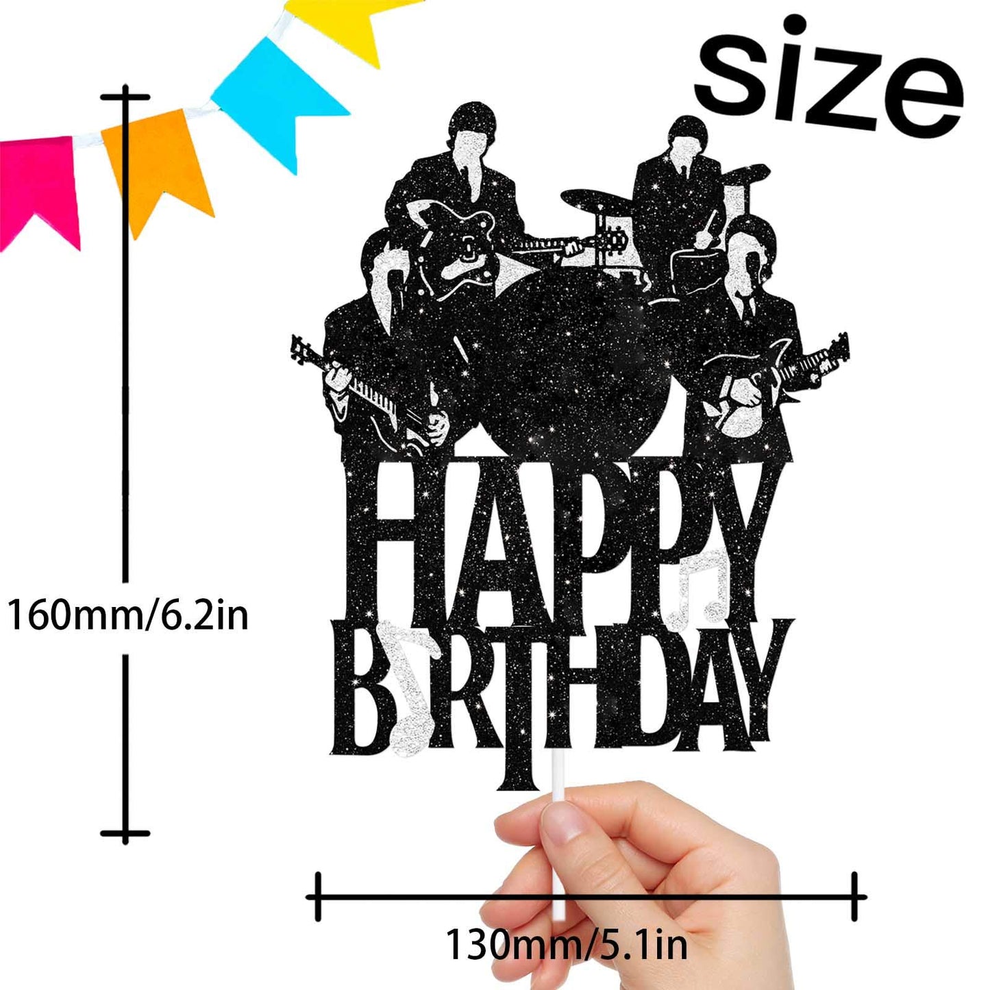 Happy Birthday Cake Topper Music Rock Pop Theme Black Glitter Decor Picks For Beatlemania Party Decorations Supplies