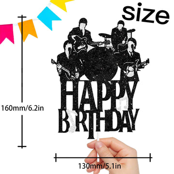 Happy Birthday Cake Topper Music Rock Pop Theme Black Glitter Decor Picks For Beatlemania Party Decorations Supplies