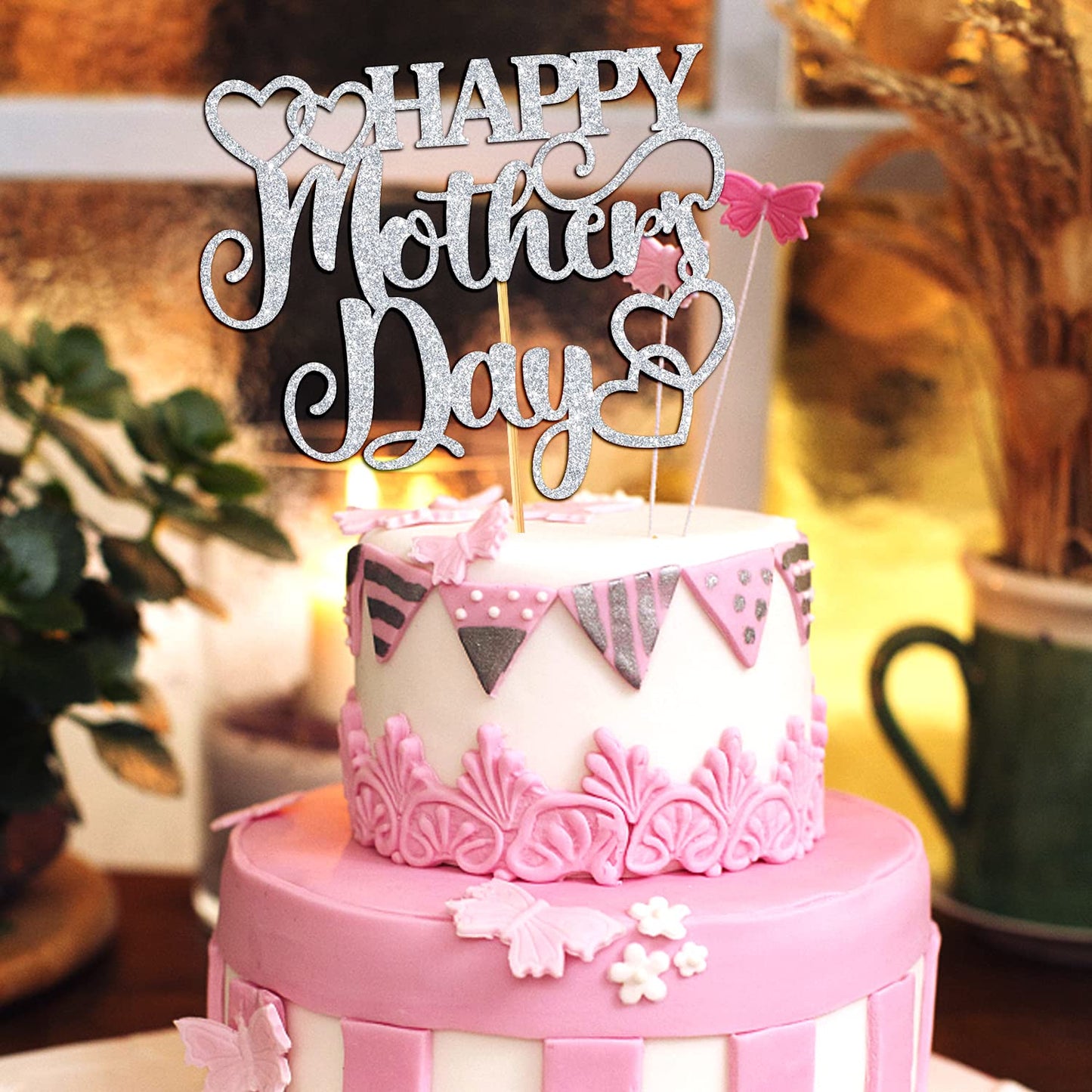 Hequoyer Happy Mothers Day Cake Topper, Silver Glitter, Best Mom Decoration, Model HM--1207