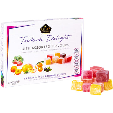 Cerez Pazari Turkish Delights Candy With Assorted Mix Flavours 8.1 Oz Vegan Fruit Snacks Gift Box | No Nuts Sweet Luxury Traditi