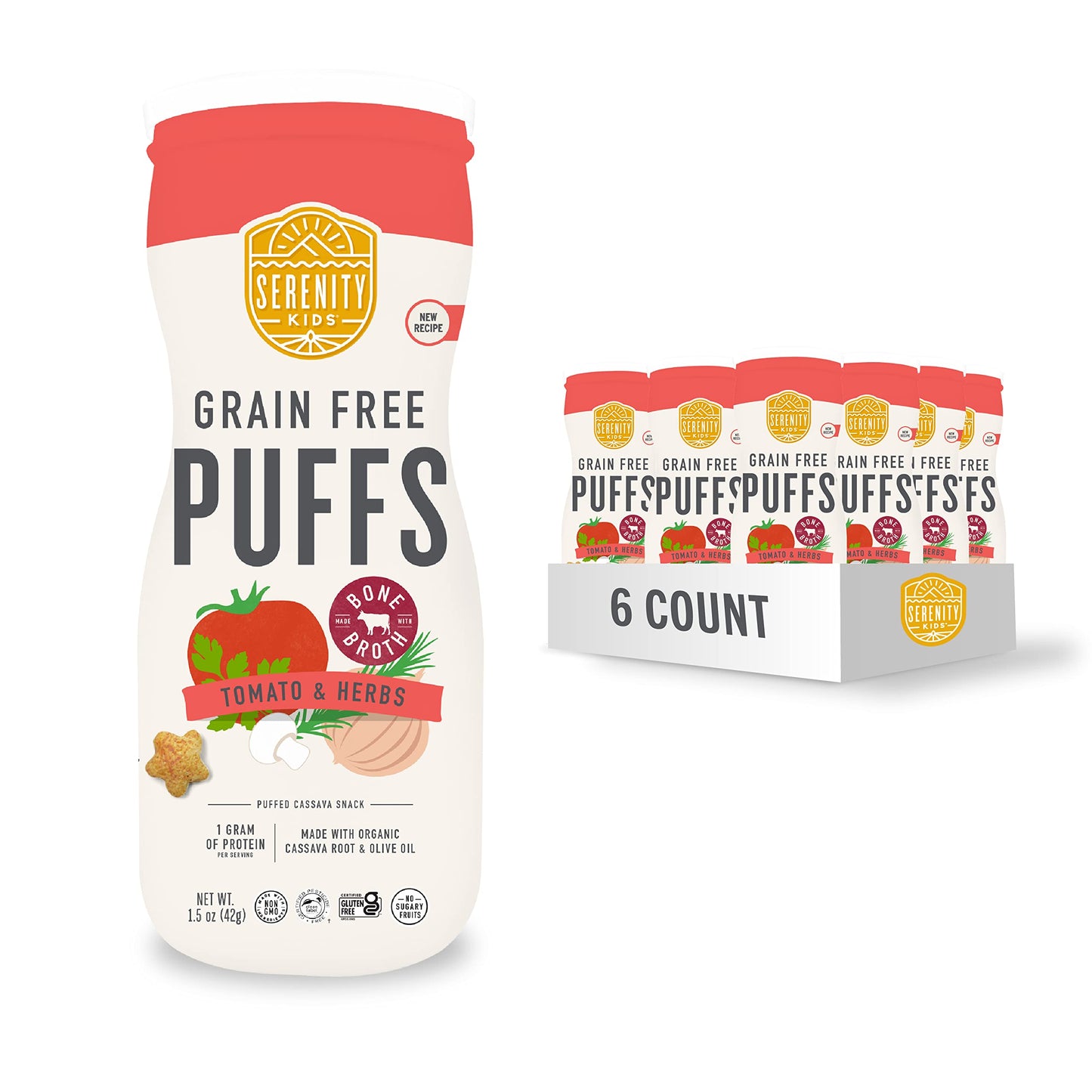Serenity Kids 6+ Month Grain Free Baby Puffs - Tomato & Herbs - Easy On-the-Go Baby Travel Snack - USDA Organic Puffs - Allergen