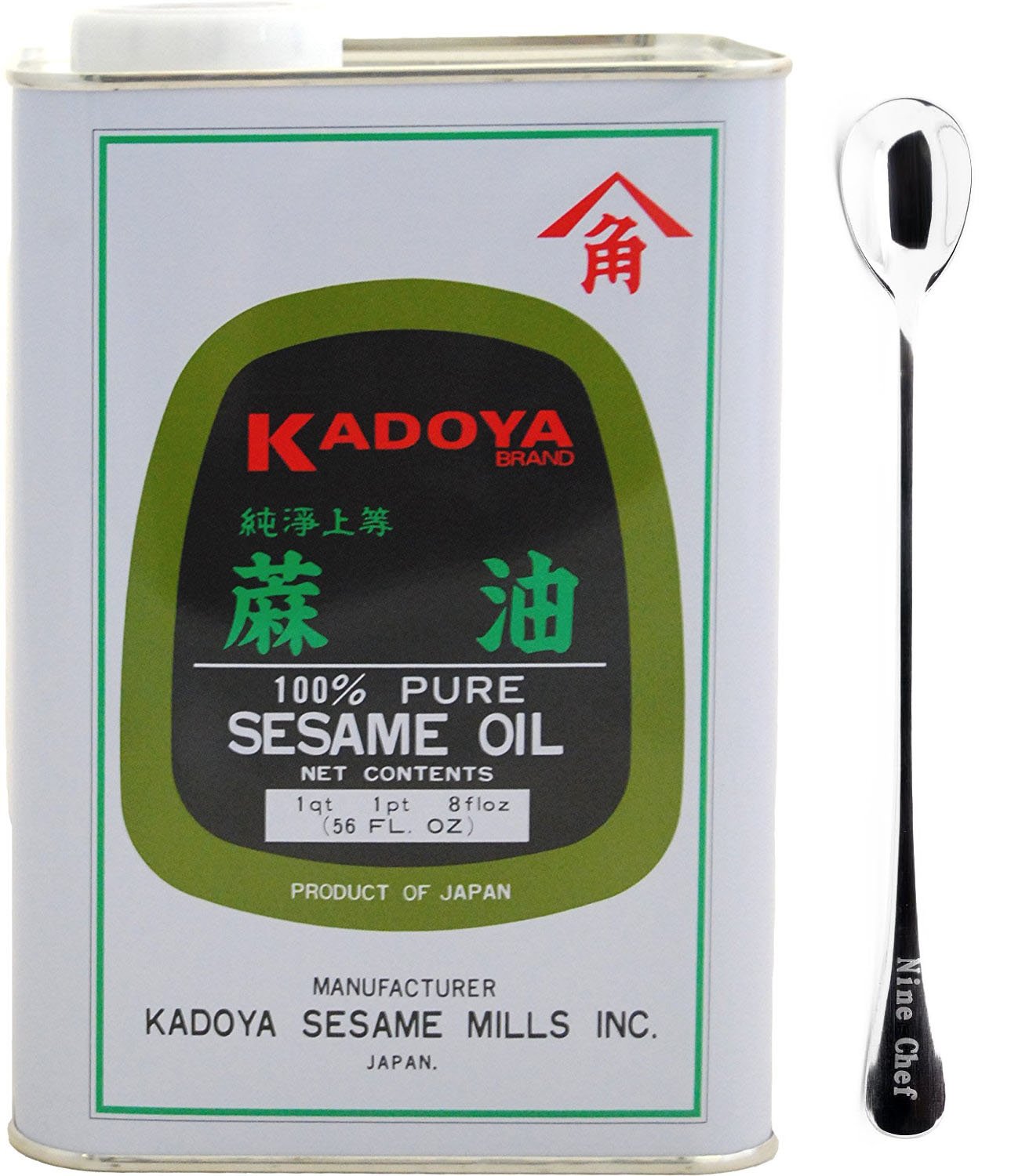 Kadoya Brand 100% Pure Sesame Oil (Sesame Oil 56 OZ, 1 Bottle) + One NineChef Long Handle Spoon Per Order