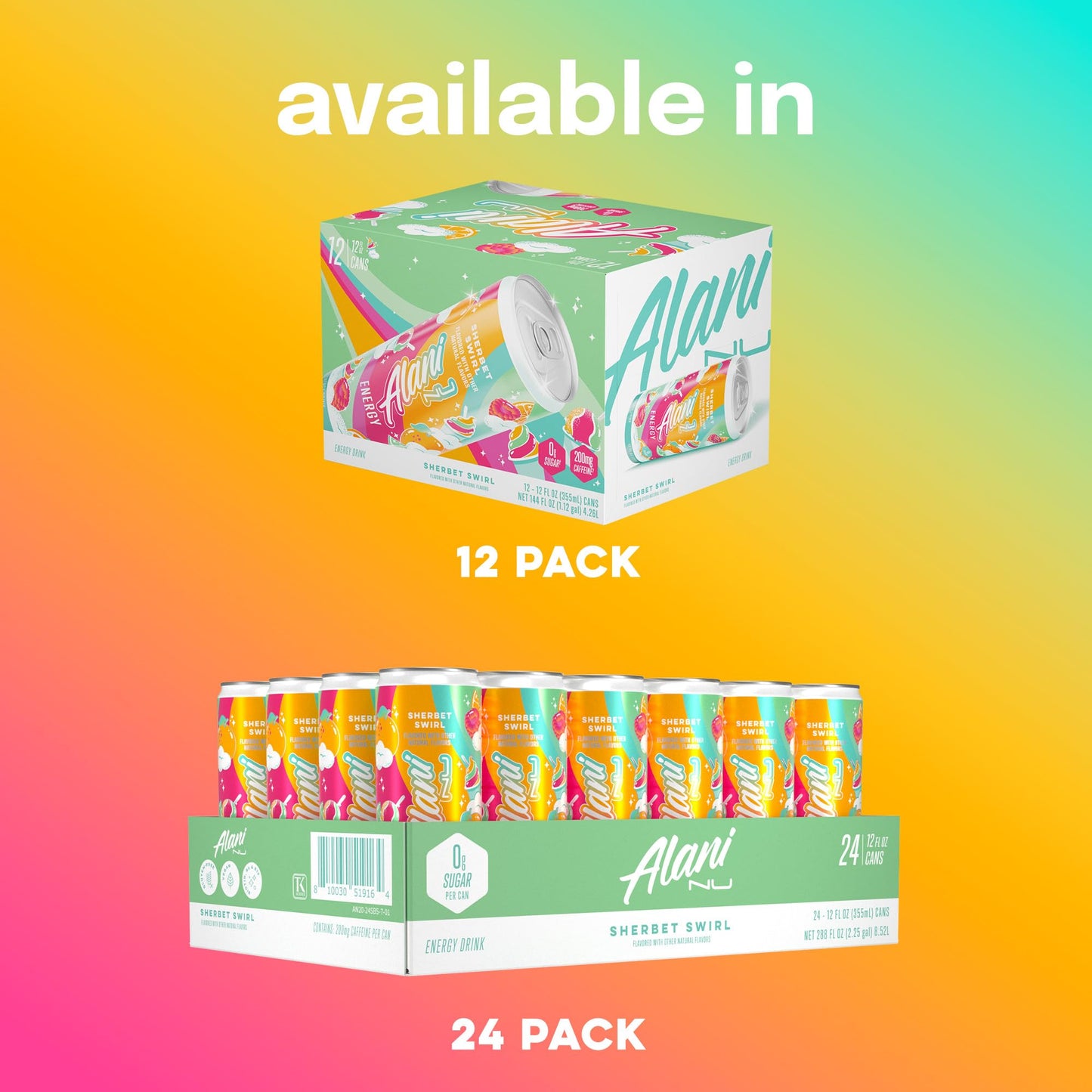 Alani Nu SHERBET SWIRL Sugar Free  Low Calorie Energy Drinks  200mg Caffeine  Biotin B Vitamins  Zero Sugar  10 Calories  12 Fl Oz Cans  24 Pack