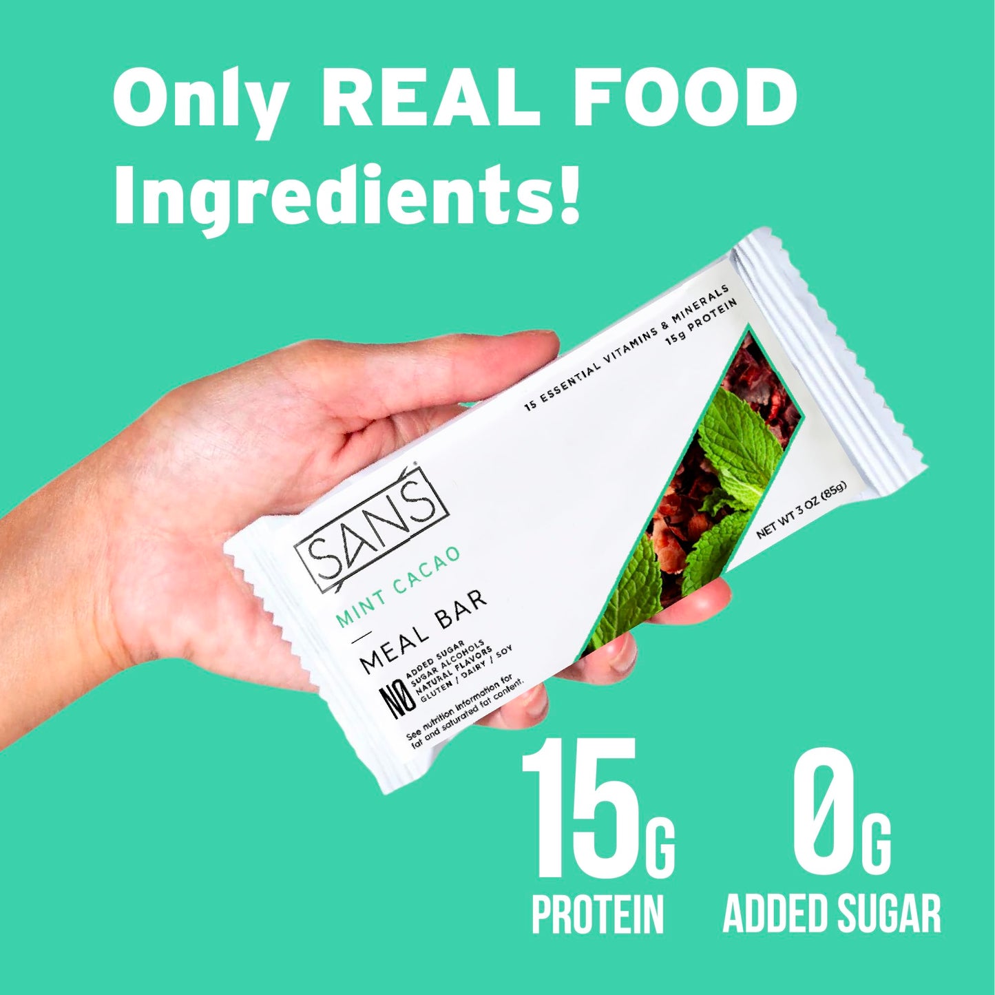 Sans Meal Replacement Protein Bar, Gluten Free, Healthy High Protein Snacks, High Fiber, No Sugar Added, Dairy Free, Soy Free, Mint Cacao, 12 Bars