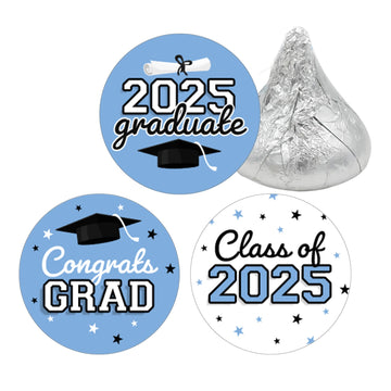 Powder Blue Graduation Party Stickers for Kisses Candy, Chocolate Drops, 2025 Grad Party Favors - 180 Count