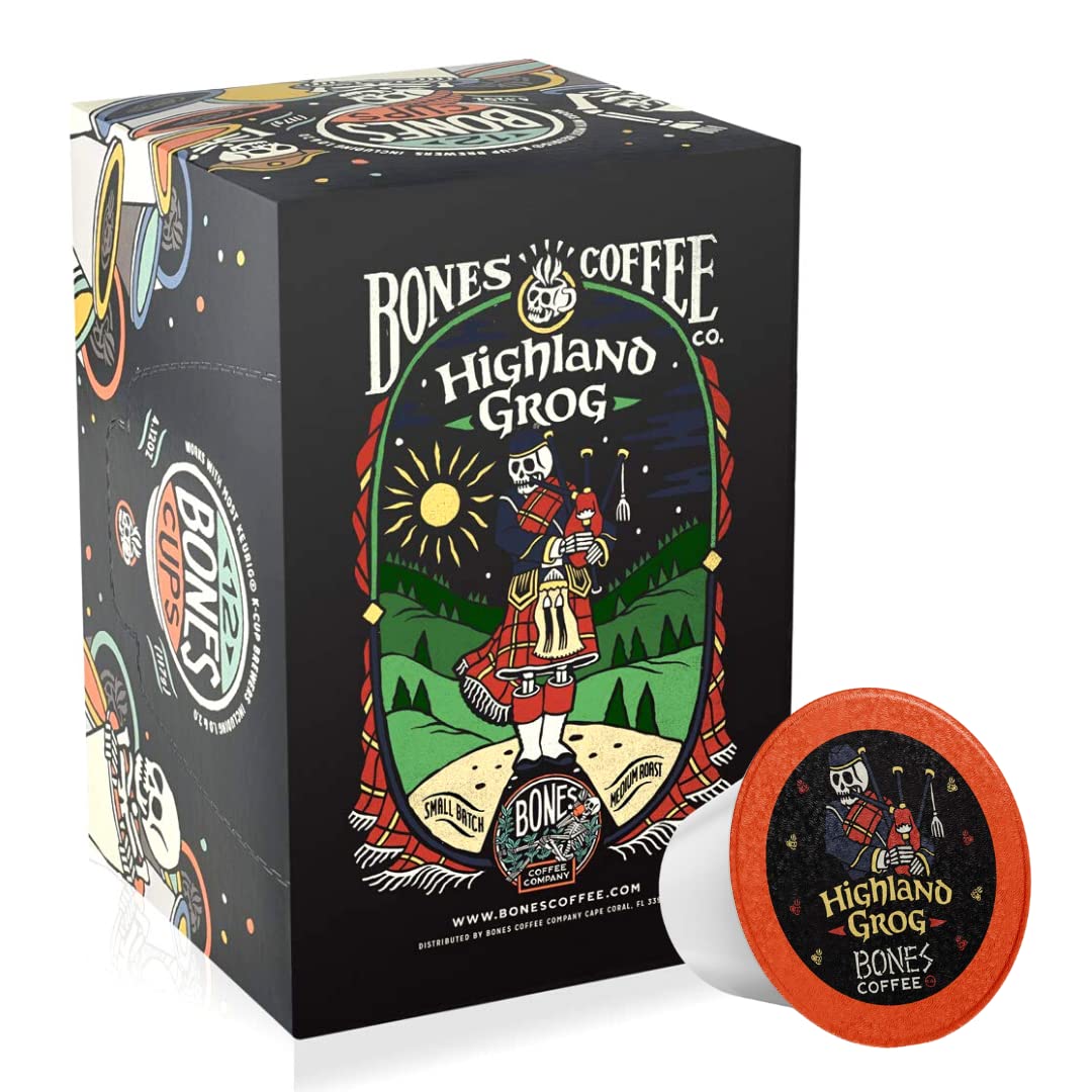 Bones Coffee Company Flavored Coffee Bones Cups Highland Grog Butterscotch Caramel | 12Ct Single-Serve Coffee Pods Compatible With Keurig 1.0 & 2.0 Keurig Coffee Maker