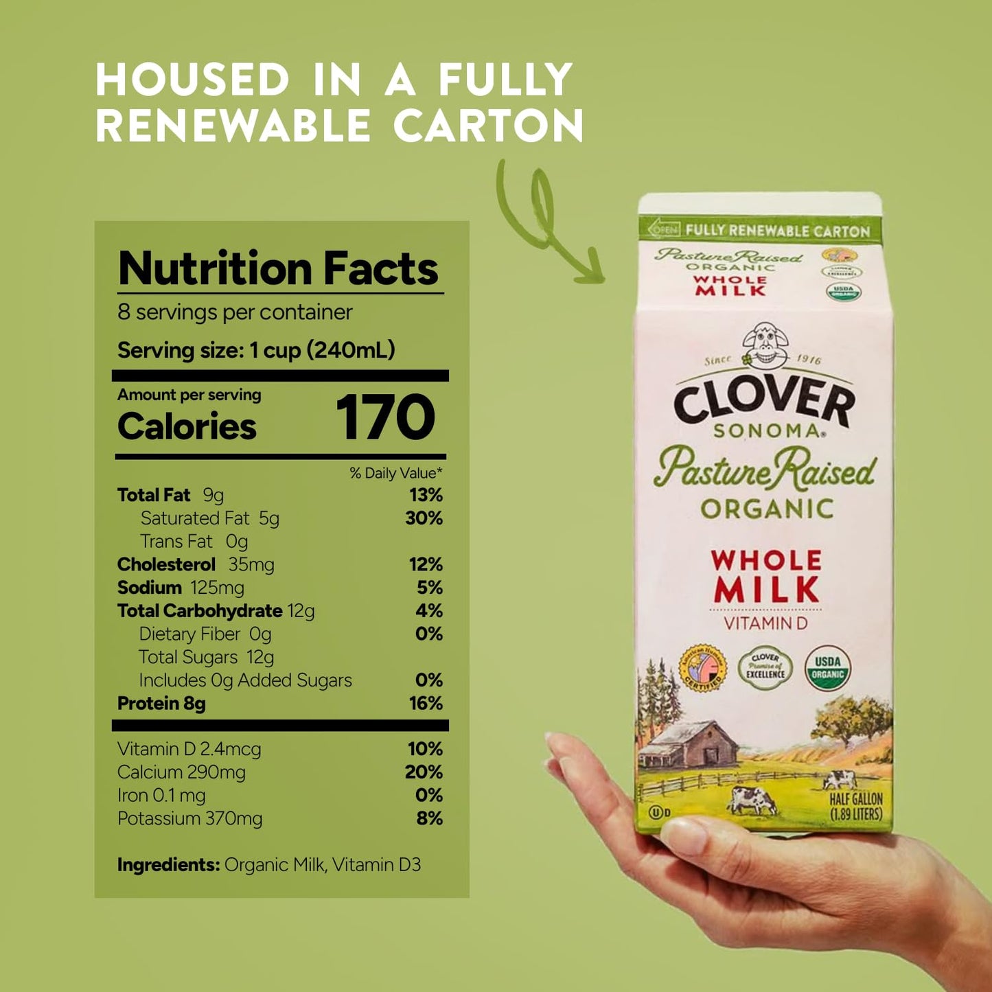 Clover Sonoma, Organic Whole Milk, Half Gallon, 64 oz