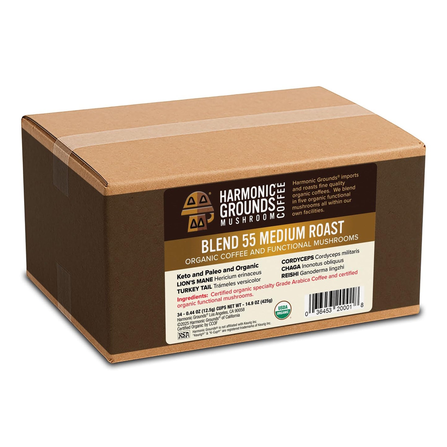 Harmonic Grounds Organic Mushroom Coffee Pods - Medium Roast with Lions Mane, Reishi, Chaga, & Cordyceps - 34 Count - Compatible with Keurig K-Cup