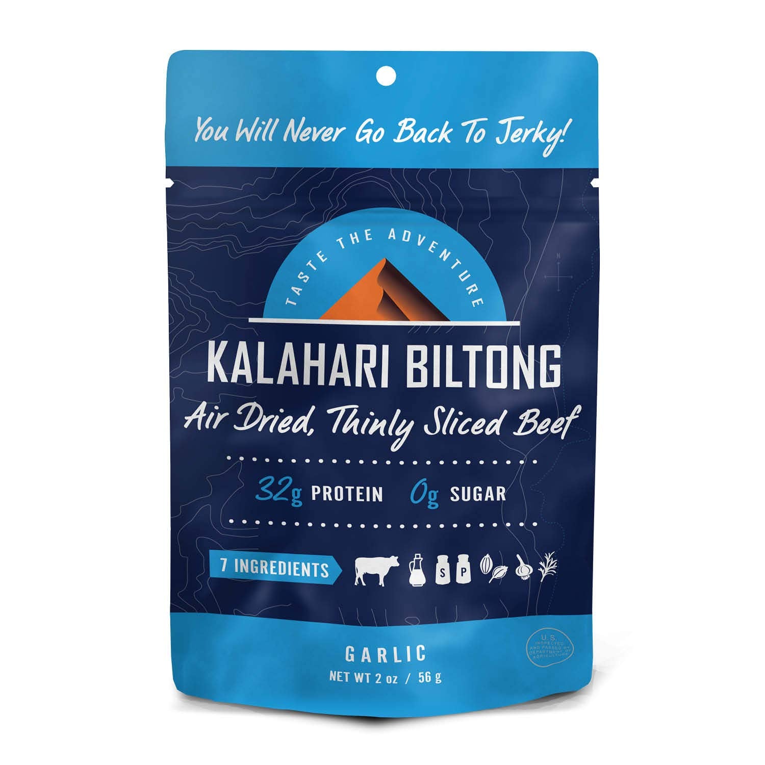 Garlic Kalahari Biltong, Air-Dried Thinly Sliced Beef, 2Oz (Pack Of 8), Sugar Free, Gluten Free, Keto & Paleo, High Protein Snac