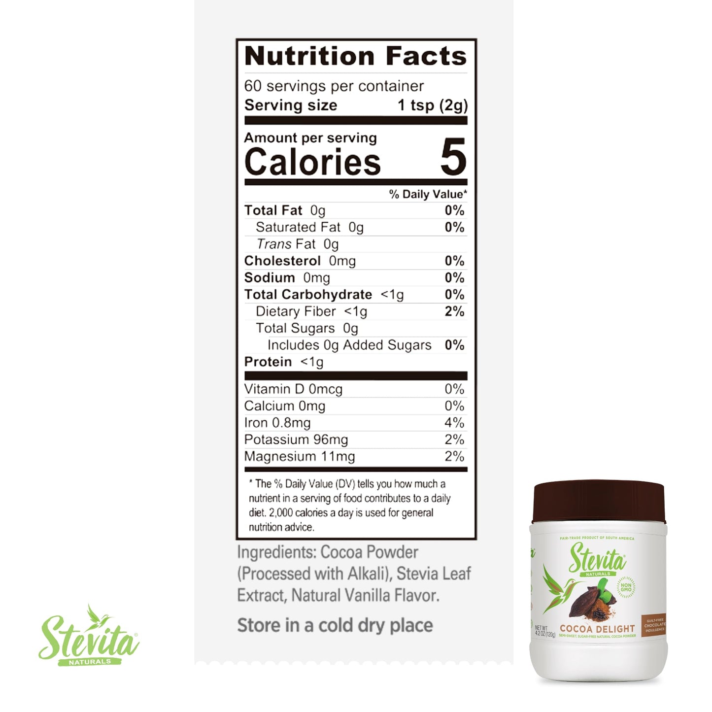 Stevita Cocoa Delight - 4.2 Oz - Natural Cocoa Powder With Stevia - For Smoothies, Desserts & Recipes - Non-Gmo, Vegan, Keto, Pa