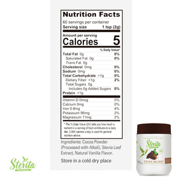 Stevita Cocoa Delight - 4.2 Oz - Natural Cocoa Powder With Stevia - For Smoothies, Desserts & Recipes - Non-Gmo, Vegan, Keto, Pa