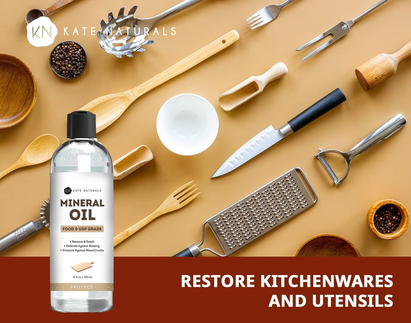 Kate Naturals Mineral Oil For Cutting Board 12Oz With Wax Applicator. Food Grade & Food Safe Mineral Oil To Protect Wood On Cutting Boards, Butcher Block & Bamboo Boards