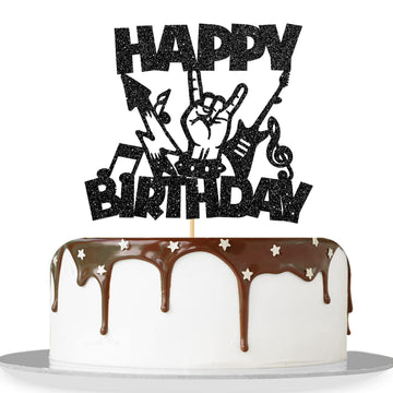 MonMon & Craft Rock Music Happy Birthday Cake Topper/Rock'n'Roll Theme/Musical Entertainment Birthday Party Decorations - Black 
