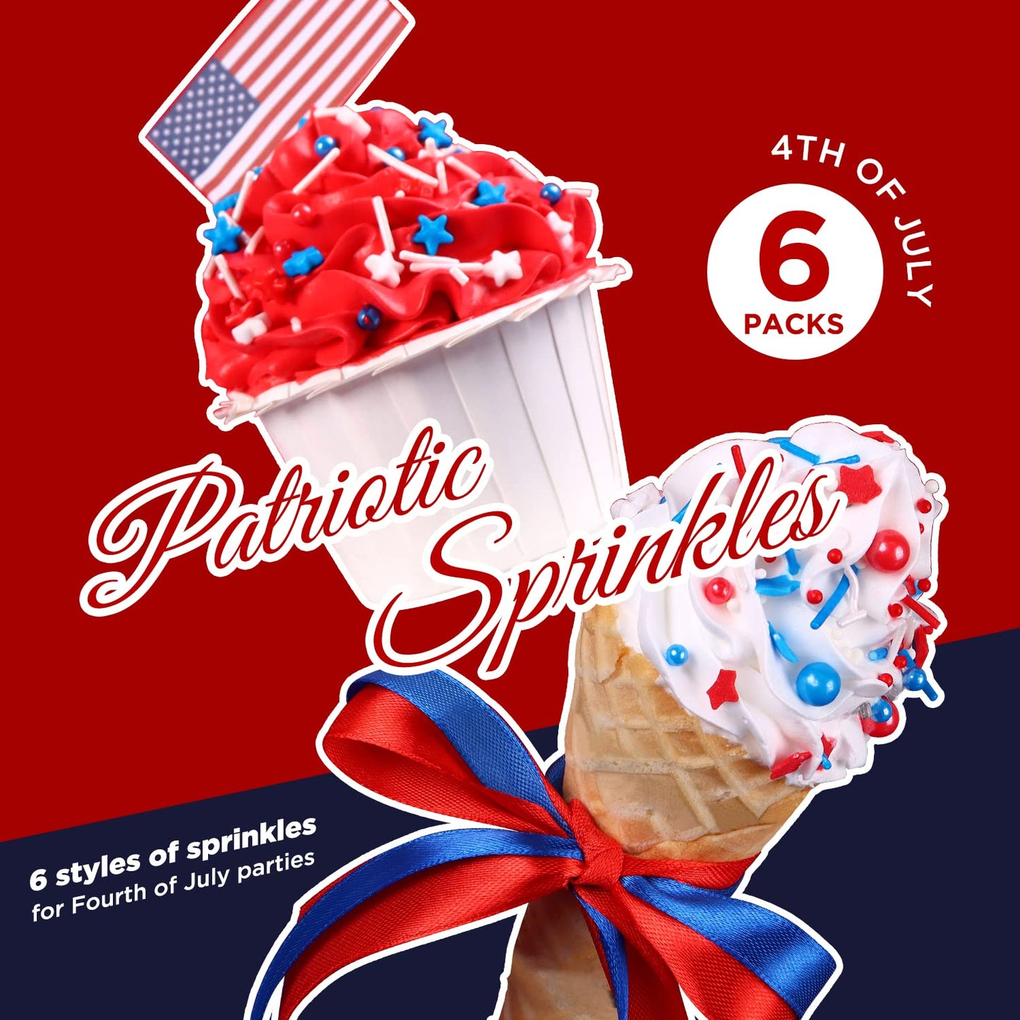 Edible Patriotic Sprinkles Nonpareils Red White and Blue 4th of July for Cake Decorating Baking, Ice Cream, Cookies, Cupcake Top