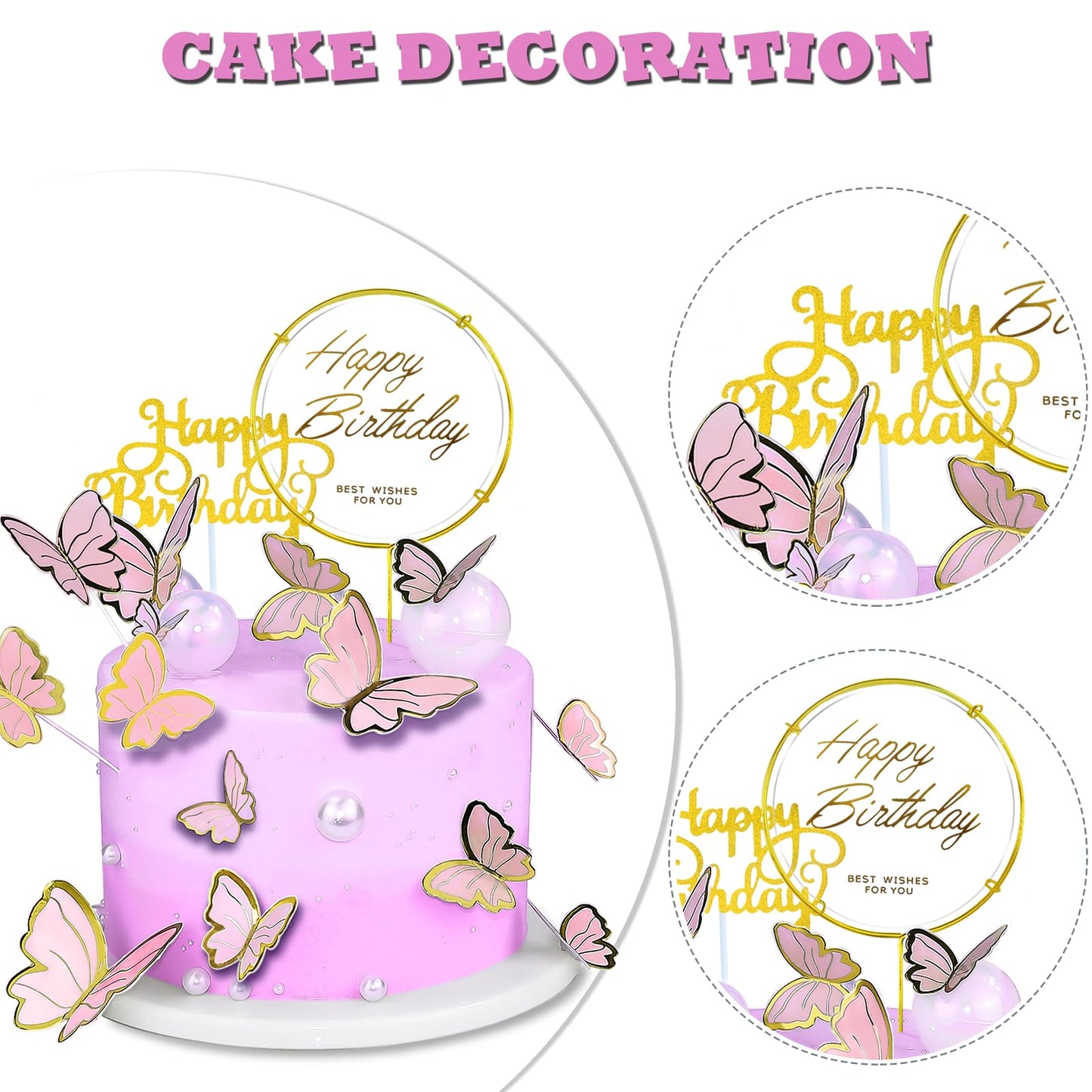 60Pcs Butterfly Cupcake Topper Pink Gold, Lively 3D Butterflies With 2Pcs Happy Birthday Topper For Cake Decor Birthday Annivers