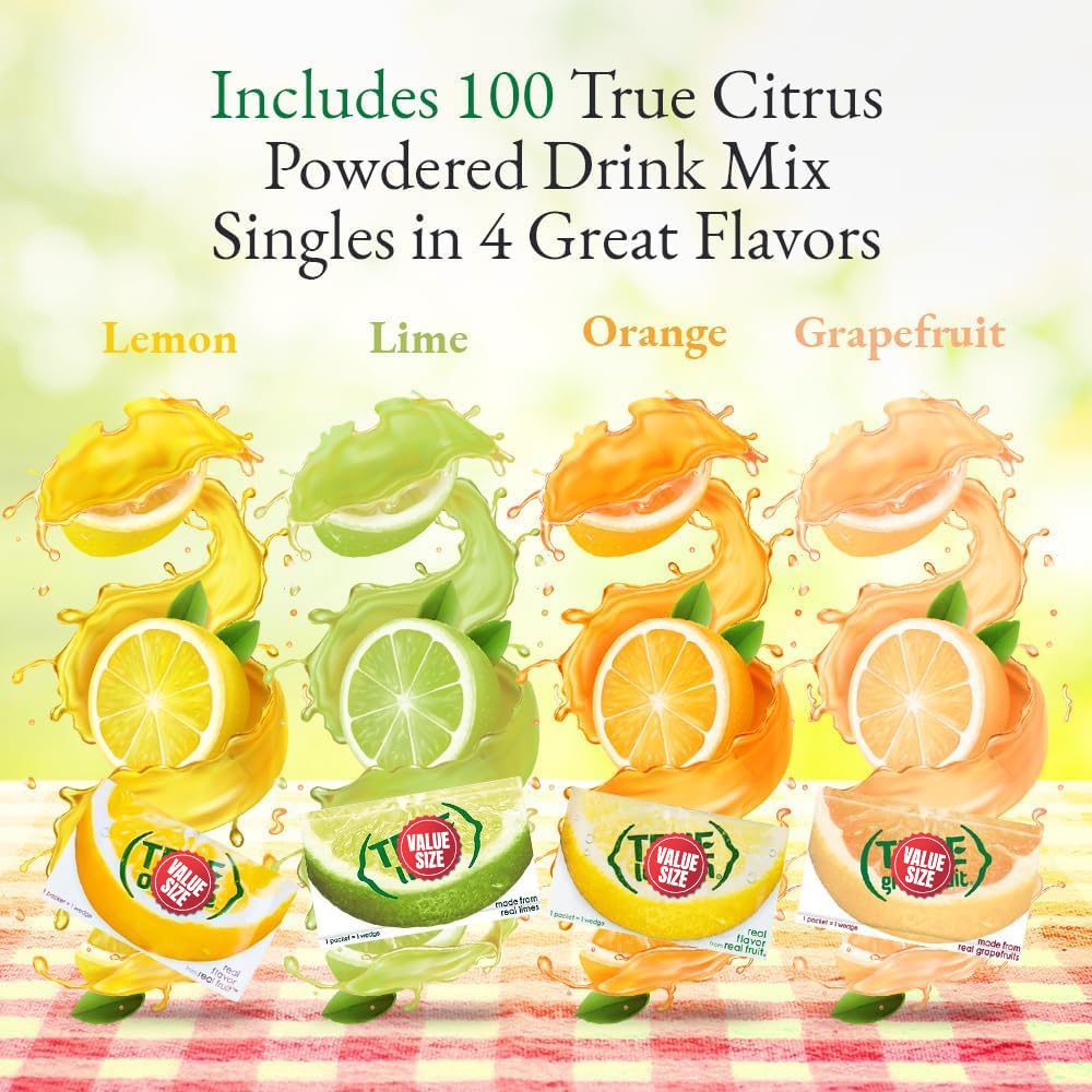 Truae Lemon, Truae Lime, Truae Orange, Truae Grapefruit, Varrirty Pack 100 Count, On-The-Go Powdered Drink Mix Variety Pack, Zer