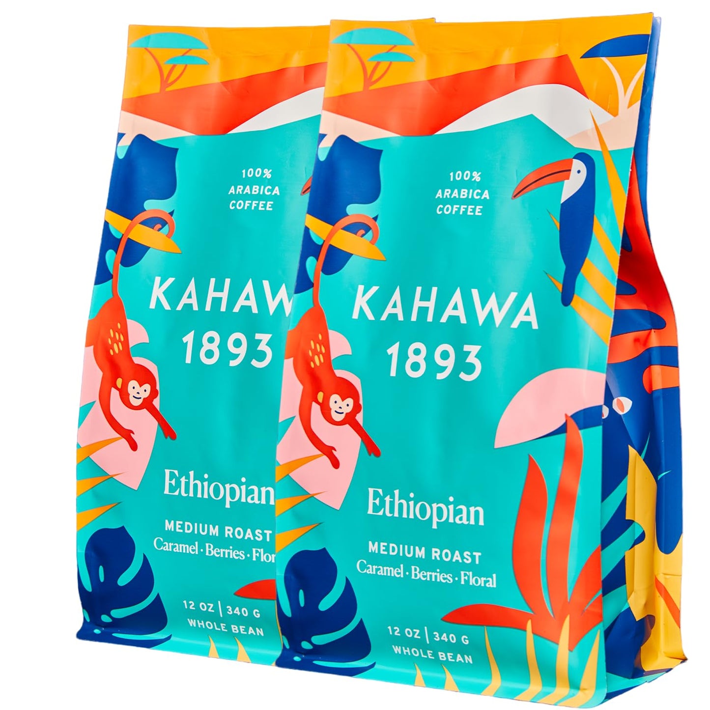 KAHAWA 1893 Whole Coffee Beans Ethiopian Blend Medium Roast 12oz (Pack of 2) - Sun Dried, Tasting Notes: Caramel, Berries, Floral