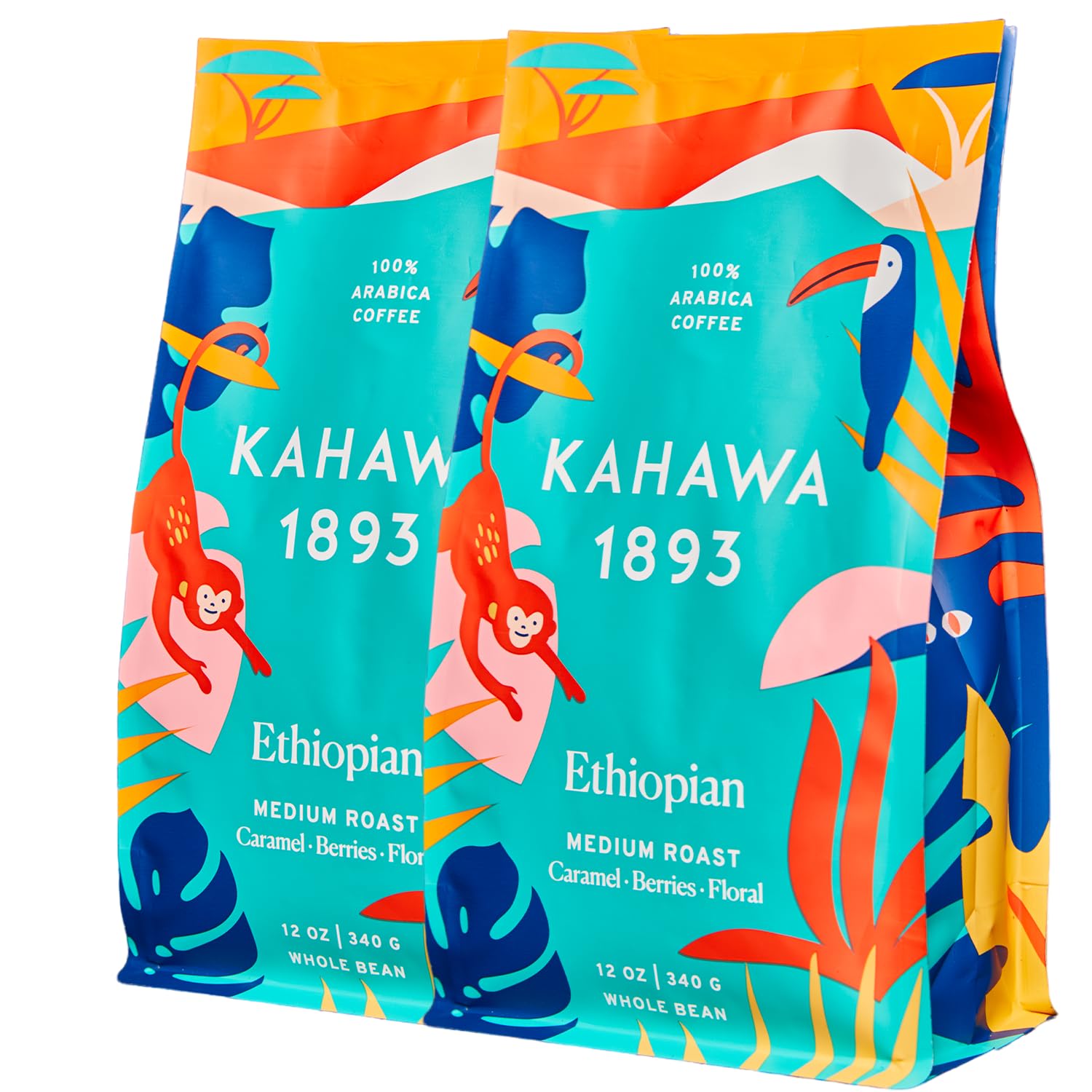 KAHAWA 1893 Whole Coffee Beans Ethiopian Blend Medium Roast 12oz (Pack of 2) - Sun Dried, Tasting Notes: Caramel, Berries, Floral