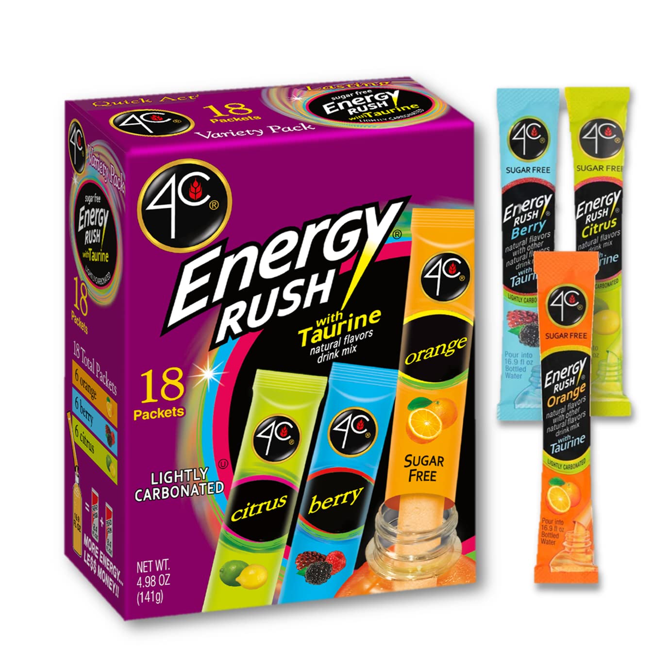 4C Energy Rush Stix, Variety 1 Pack, 18 Count, Single Serve Water Flavoring Packets, Sugar Free with Taurine, On the Go Bundle