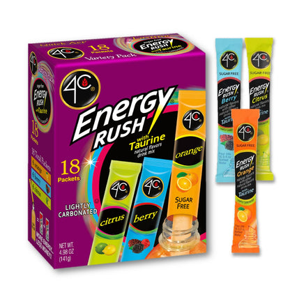 4C Energy Rush Stix, Variety 1 Pack, 18 Count, Single Serve Water Flavoring Packets, Sugar Free with Taurine, On the Go Bundle