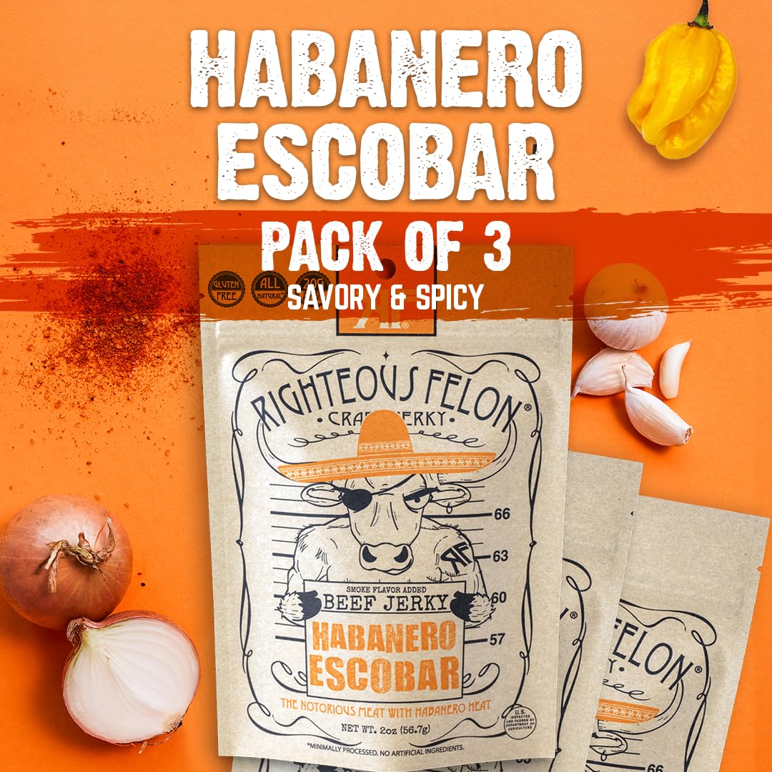 Righteous Felon Beef Jerky - Habanero Escobar Flavor - All-Natural Jerky - Locally Sourced  Dried Beef Jerky - Low-Sugar, High-P