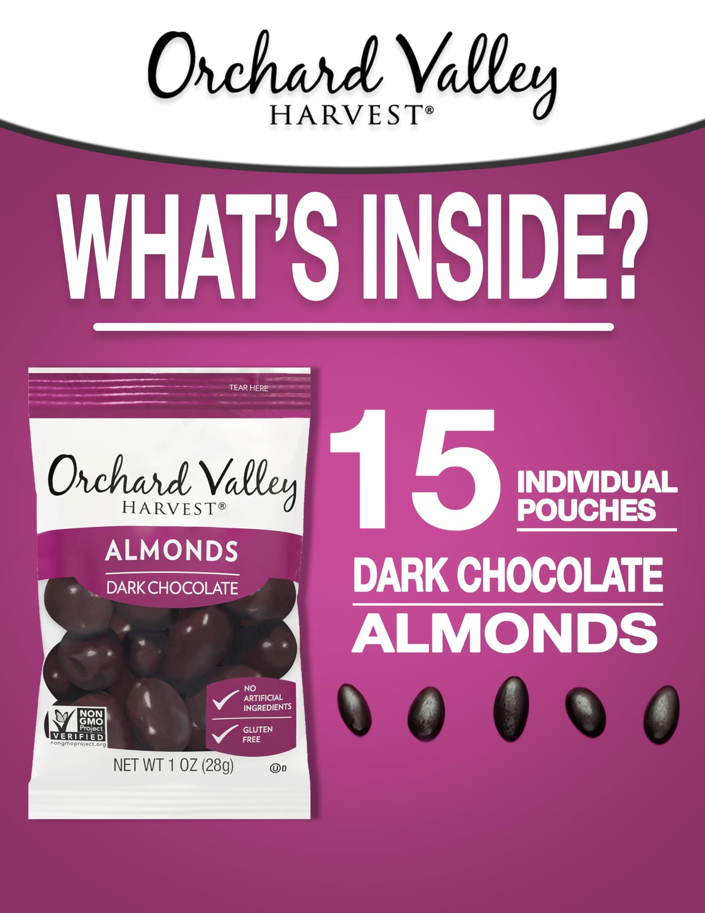 Orchard Valley Harvest Dark Chocolate Almonds, Gluten Free, Non-GMO, 1 Ounce Bags, Pack of 15, No Artificial Ingredients