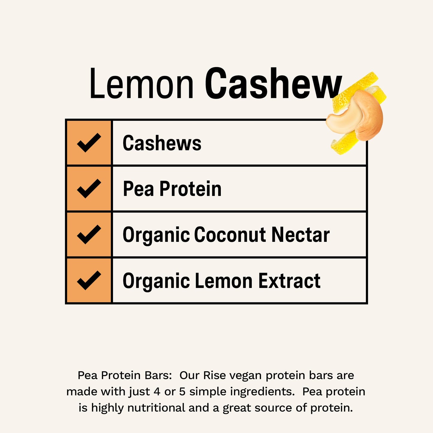 Rise Pea Protein Bar - Vegan Lemon Cashew | Breakfast Bar & Protein Snack 15g Protein Just 3 Whole Food Ingredients Non-GMO Glut