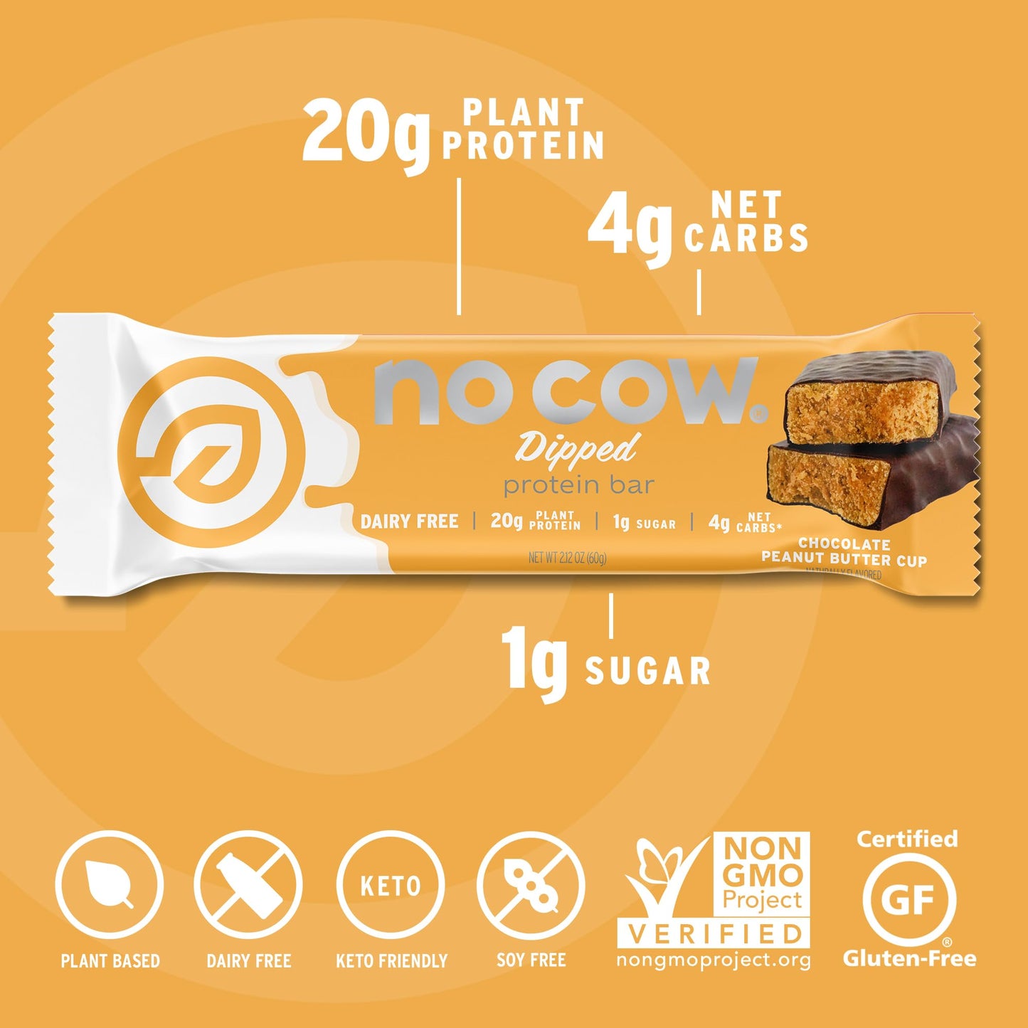 No Cow High Protein Bars, Chocolate Peanut Butter Cup - Healthy Snacks, 20g Vegan Protein, High Fiber, Low Sugar, Keto Friendly,