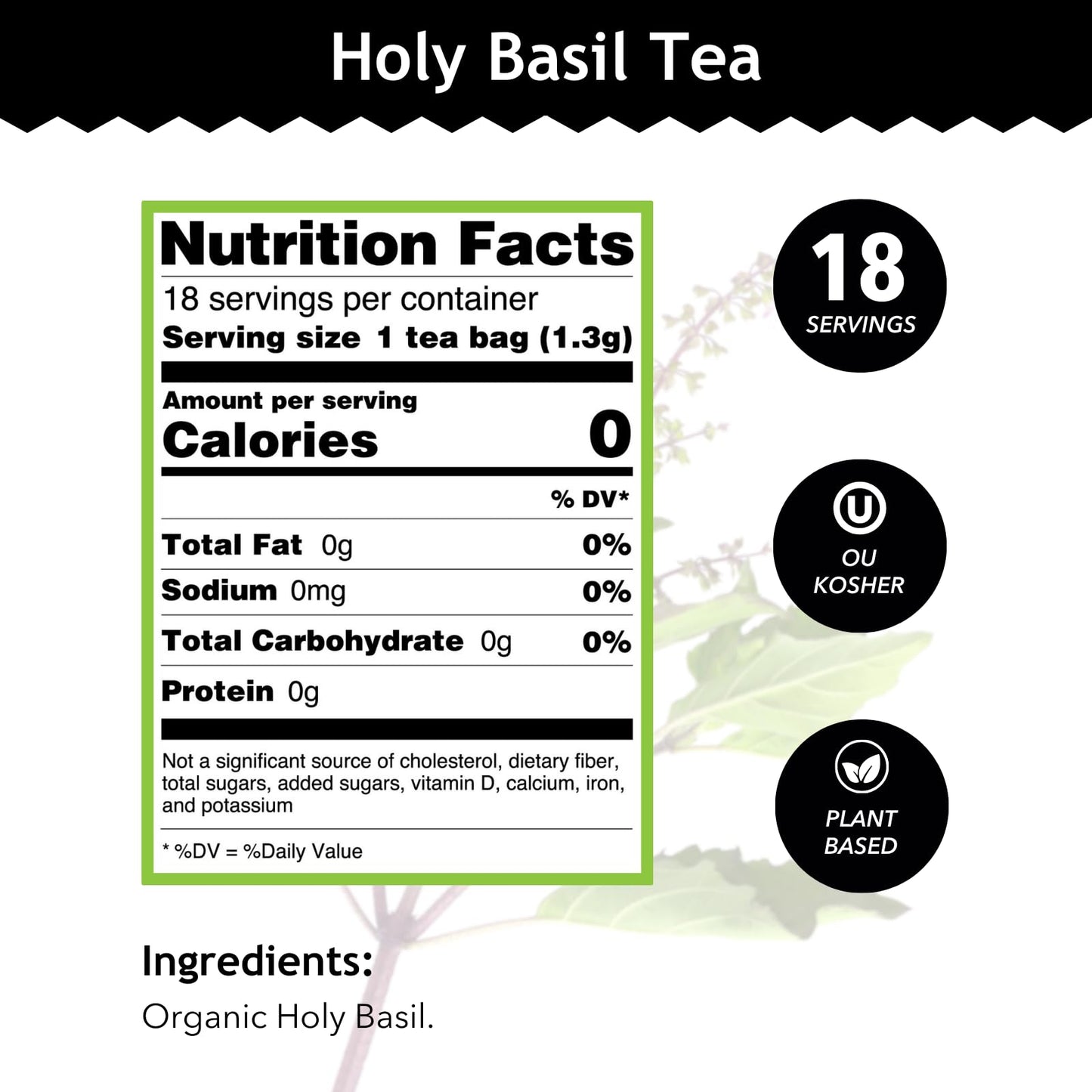 Buddha Teas Organic Herbal Tea - Holy Basil - 18 Count - Caffeine Free - Non-GMO - Kosher