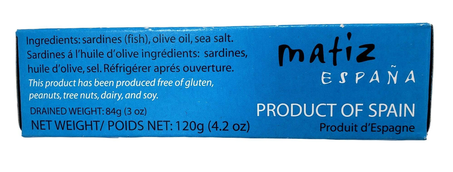 Matiz Sardines In Olive Oil, 4.2 Ounce Can (Pack Of 25) Spanish Gourmet Wild Caught Natural Fish For Tapas, Snacks, Or Meals, Protein Rich, Sealed Freshness