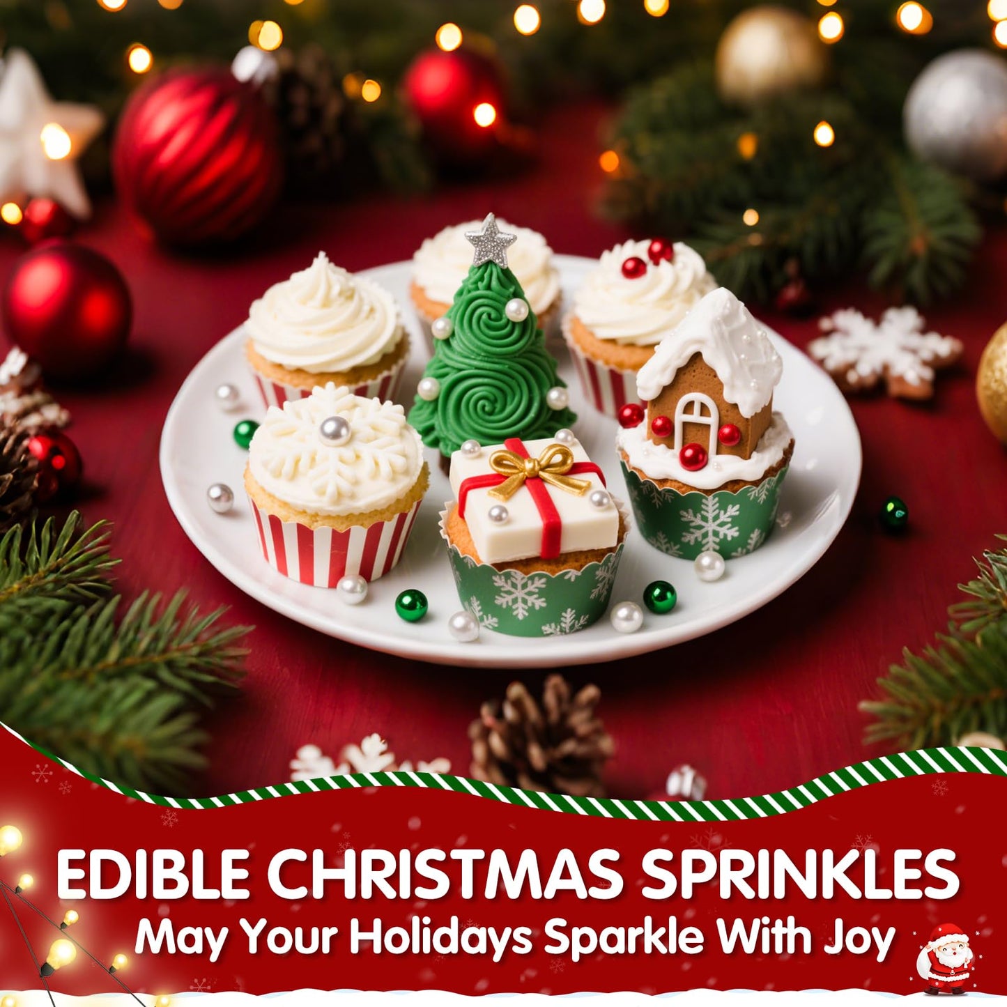 Edible Christmas Sprinkles Pearls for Cake Decorating,130g Red Green White and Silver Pearl Mixed,Edible Sugar Holiday sprinkle