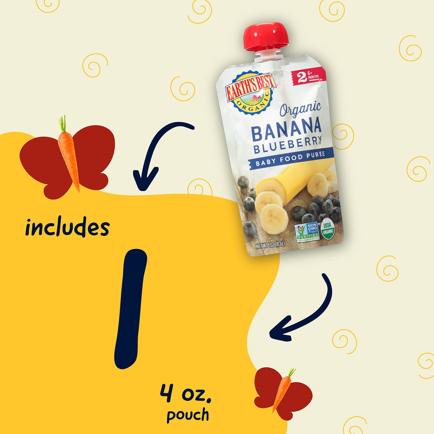 Earth'S Best Organic Baby Food Pouches, Stage 2 Fruit Puree For Babies 6 Months And Older, Organic Banana And Blueberry Puree, 4