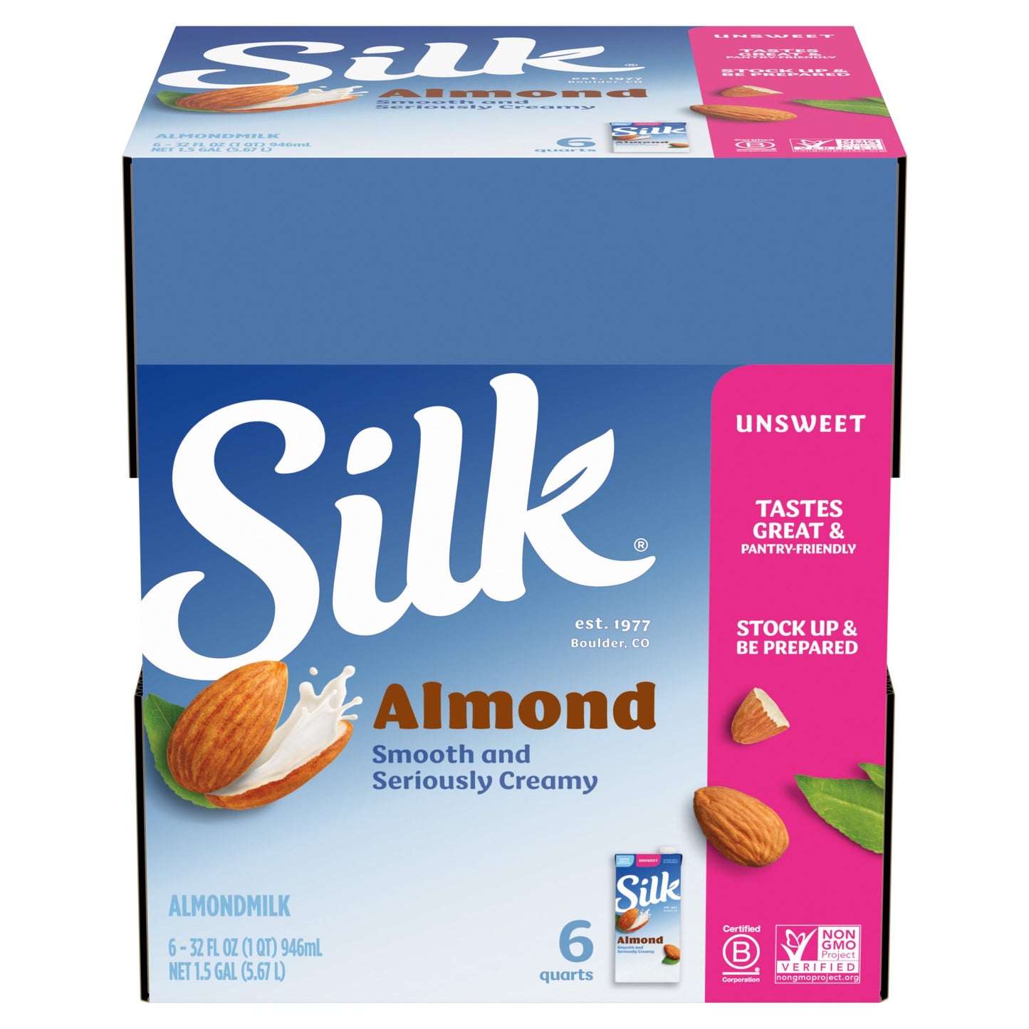 Silk Shelf-Stable Almond Milk, Unsweetened, Dairy-Free, Vegan, Non-GMO Project Verified, 1 Quart (Pack of 6)