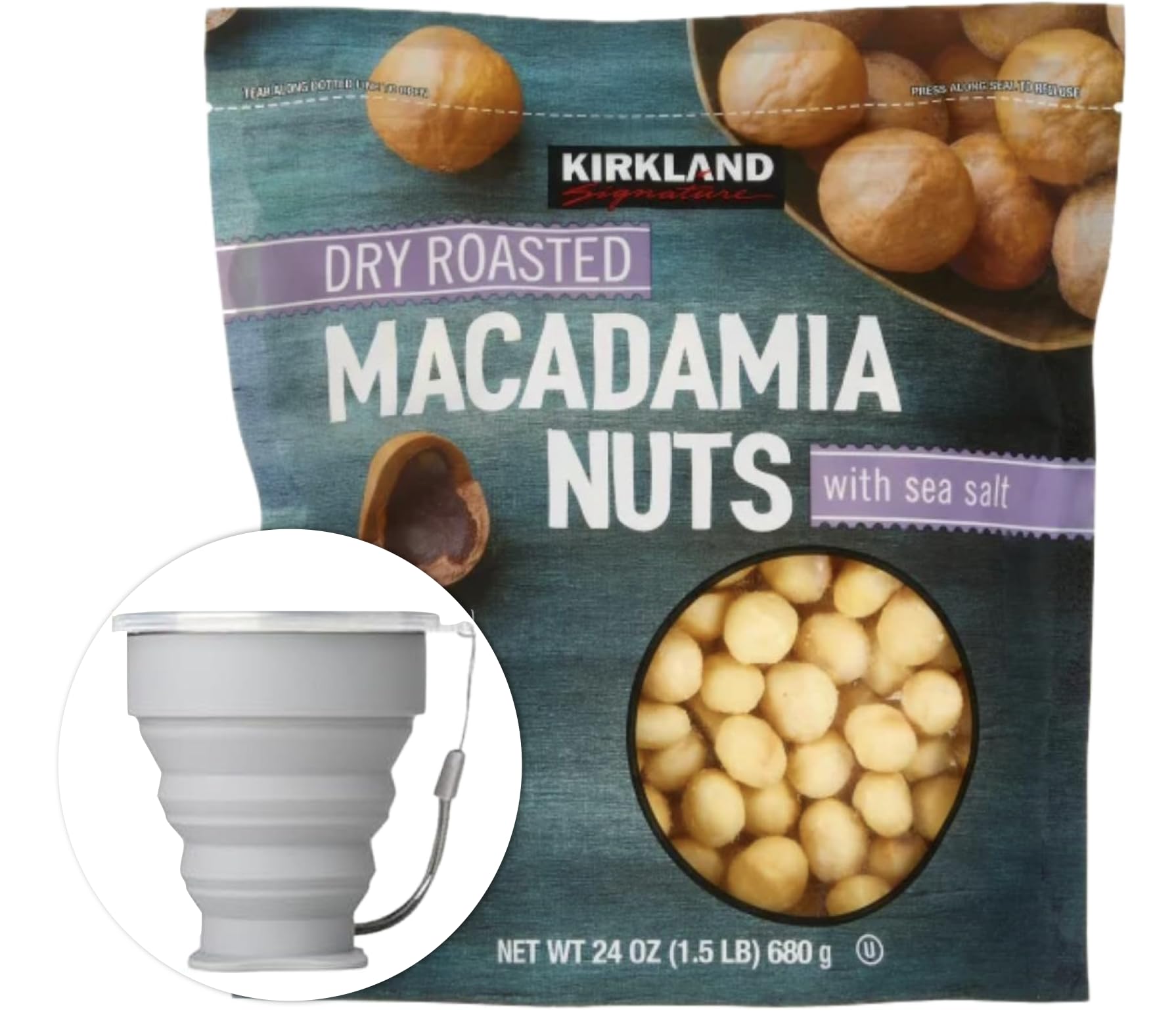 Kirkland Signature Dry Roasted Macadamia Nuts, 1.5 lbs. Item 1195303. Bundle with MORALZA Silicone Collapsible Cup 200ml - 2 Ite