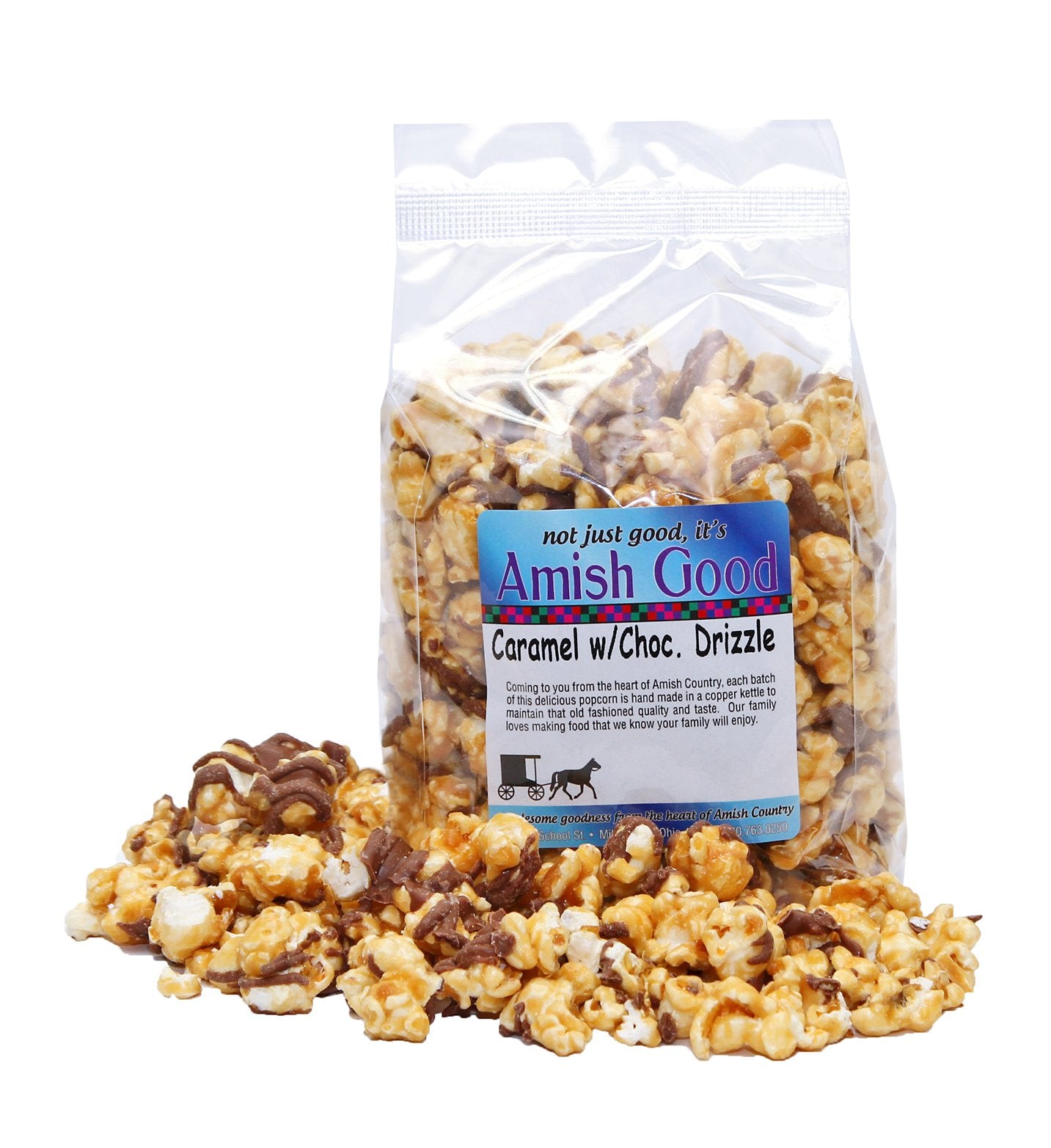 Amish Good enhanced Caramel Popcorn with Chocolate Drizzle Real Butter and Coconut Oil in 12 Ounce Bag