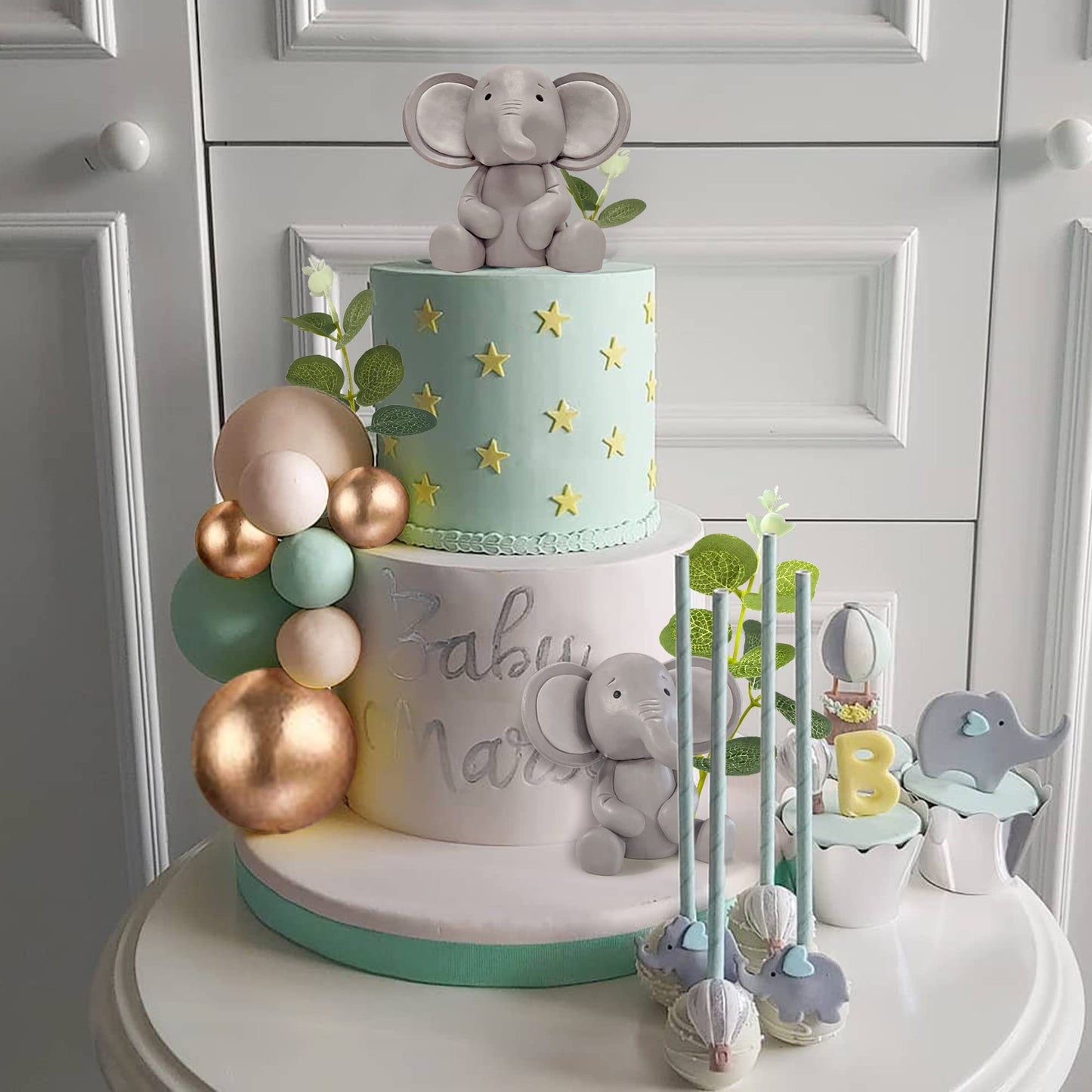 26 Pcs Elephant Cake Decoration Pearl Balls Cake Picks Eucalyptus Leaves Decoration Elephant Baby Shower Cake Decoration