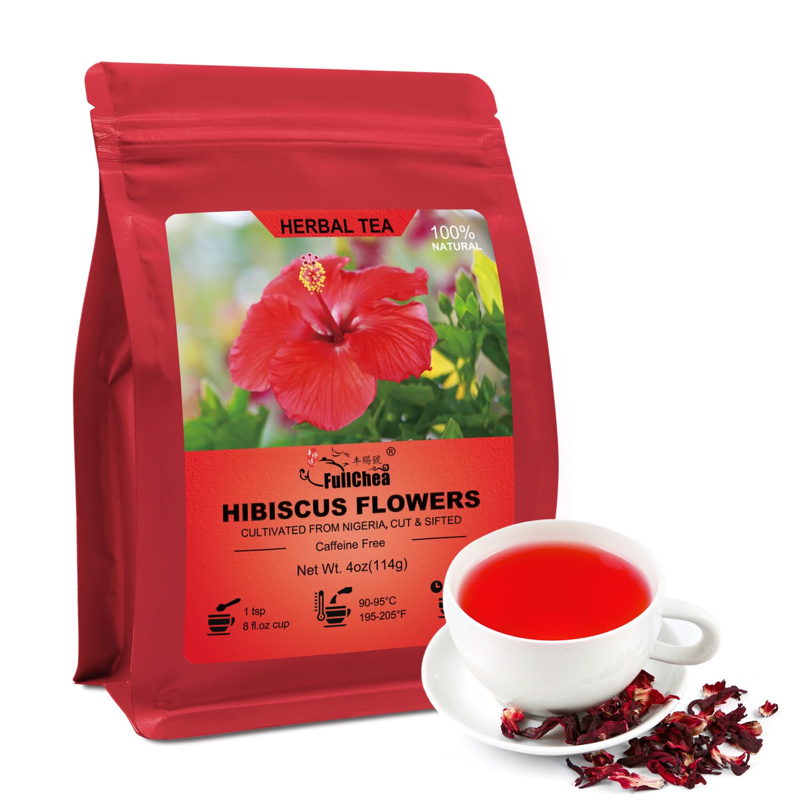 FullChea Hibiscus Flowers, Cut & Sifted, Non-GMO, Caffeine-free, 4oz Loose Leaf Tea