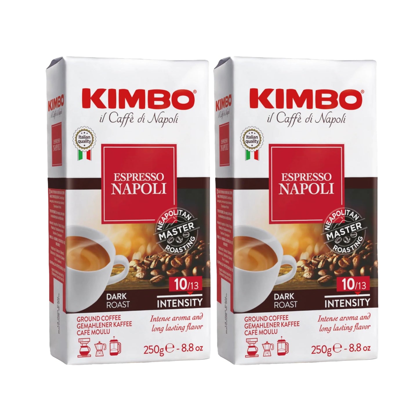 Kimbo Espresso Napoli Ground Coffee | Dark Roast | Intense Aroma & Long Lasting Flavor | 10/13 Intensity | 8.8 Oz (250G) Brick