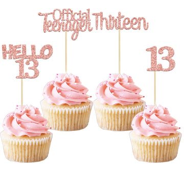 Gyufise 24 Pack Glitter 13Th Birthday Cupcake Toppers Hello 13 Thirteen Cake Toppers Official Teenager Cupcake Picks 13Th Birthd