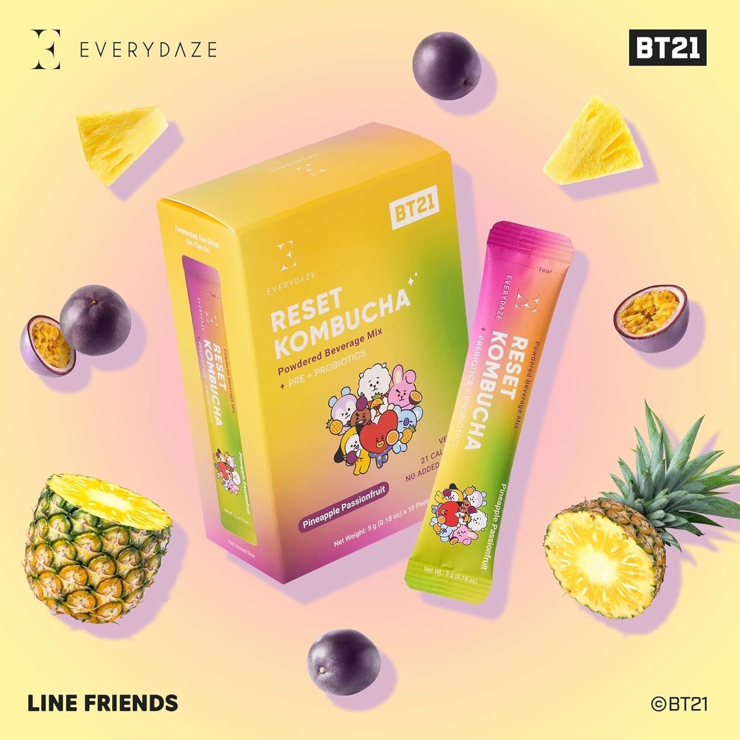 E EVERYDAZE BT21 Kombucha Tea Powder Mix, Vegan, No Added Sugar, 10 Sticks, Pineapple Passion Fruit Flavor, Gluten Free