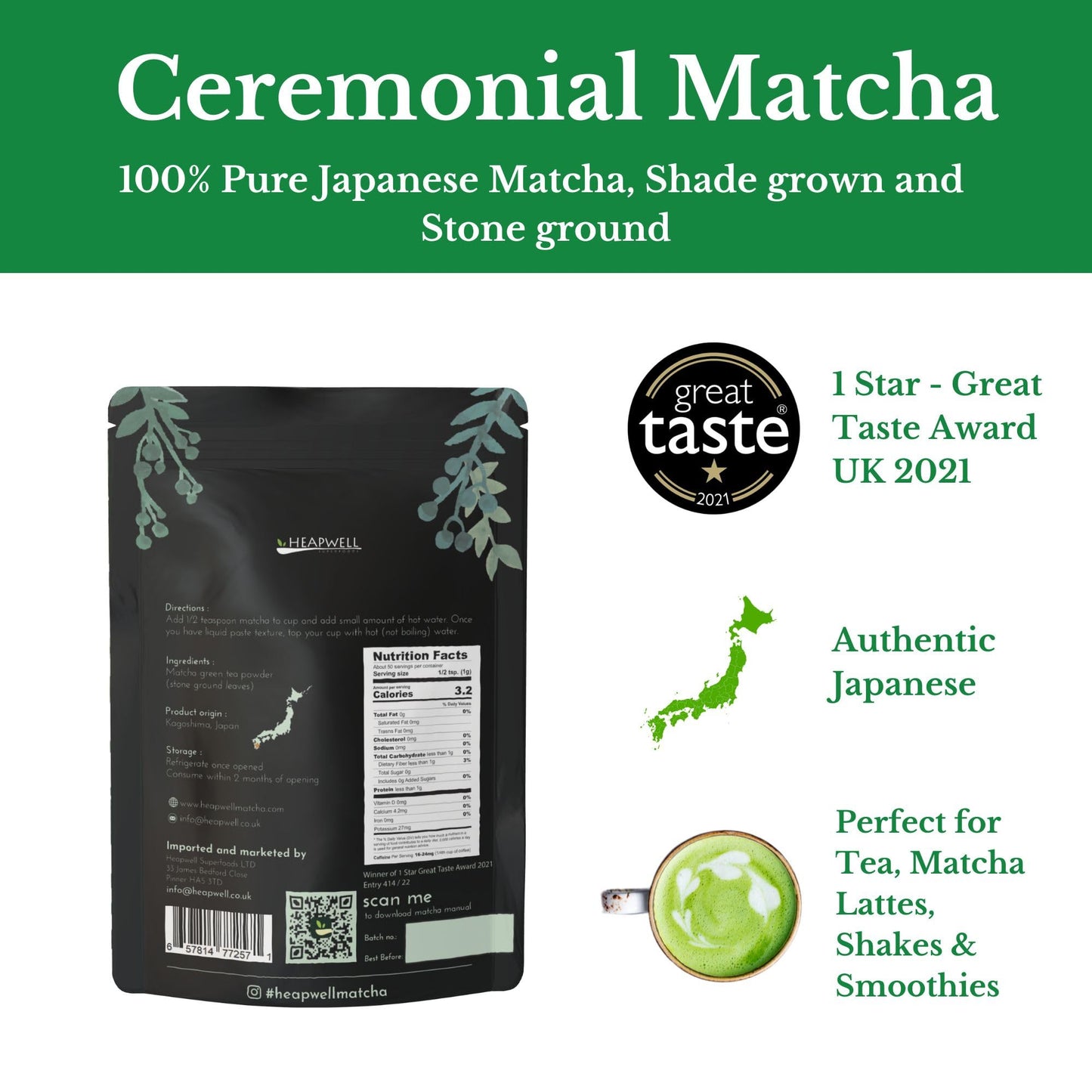 Heapwell Japanese Matcha - Premium Ceremonial Grade Tea, AAA Grade, 1.05oz (30g), Authentic Japanese Origin