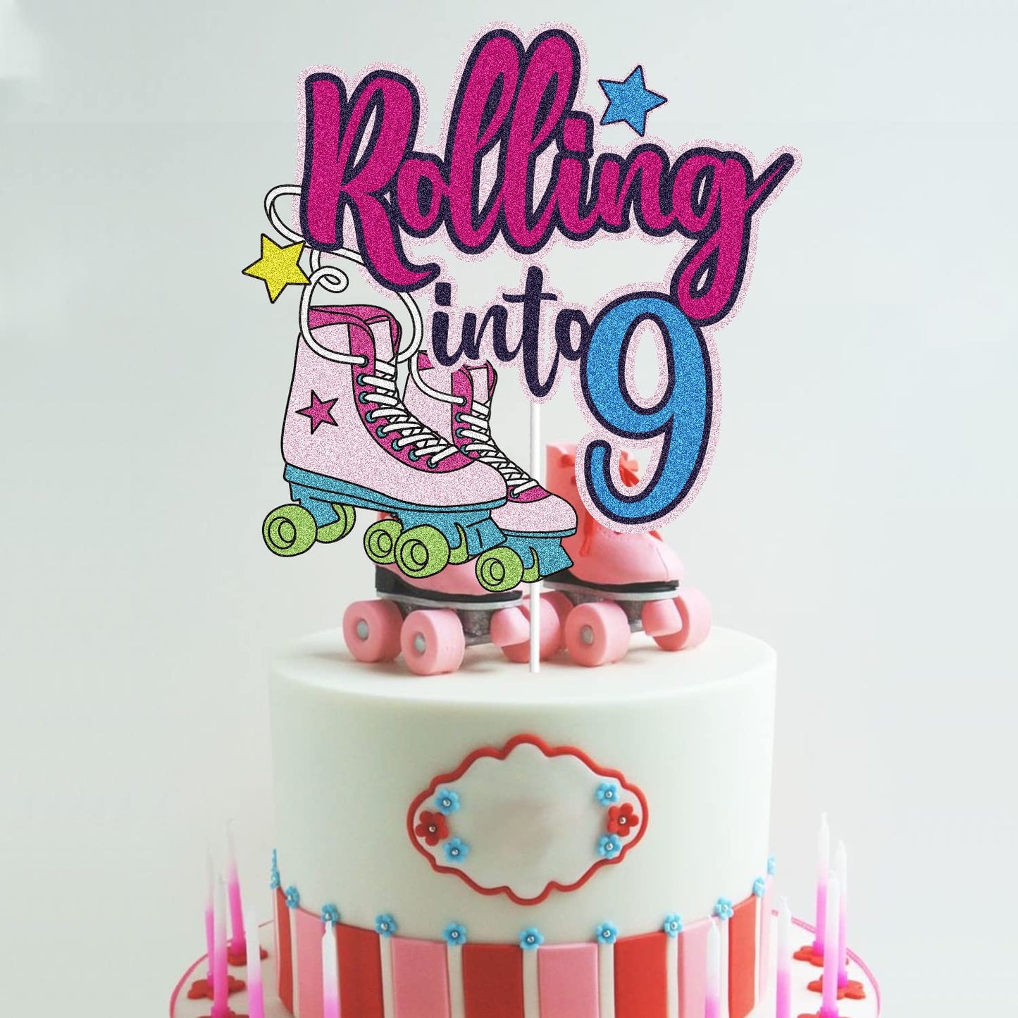 Rolling Into 9 Cake Topper Roller Skate Happy 9Th Birthday Cake Topper 9 Nine Years Old Colorful Rolling Retro Girl Club Hip Hop
