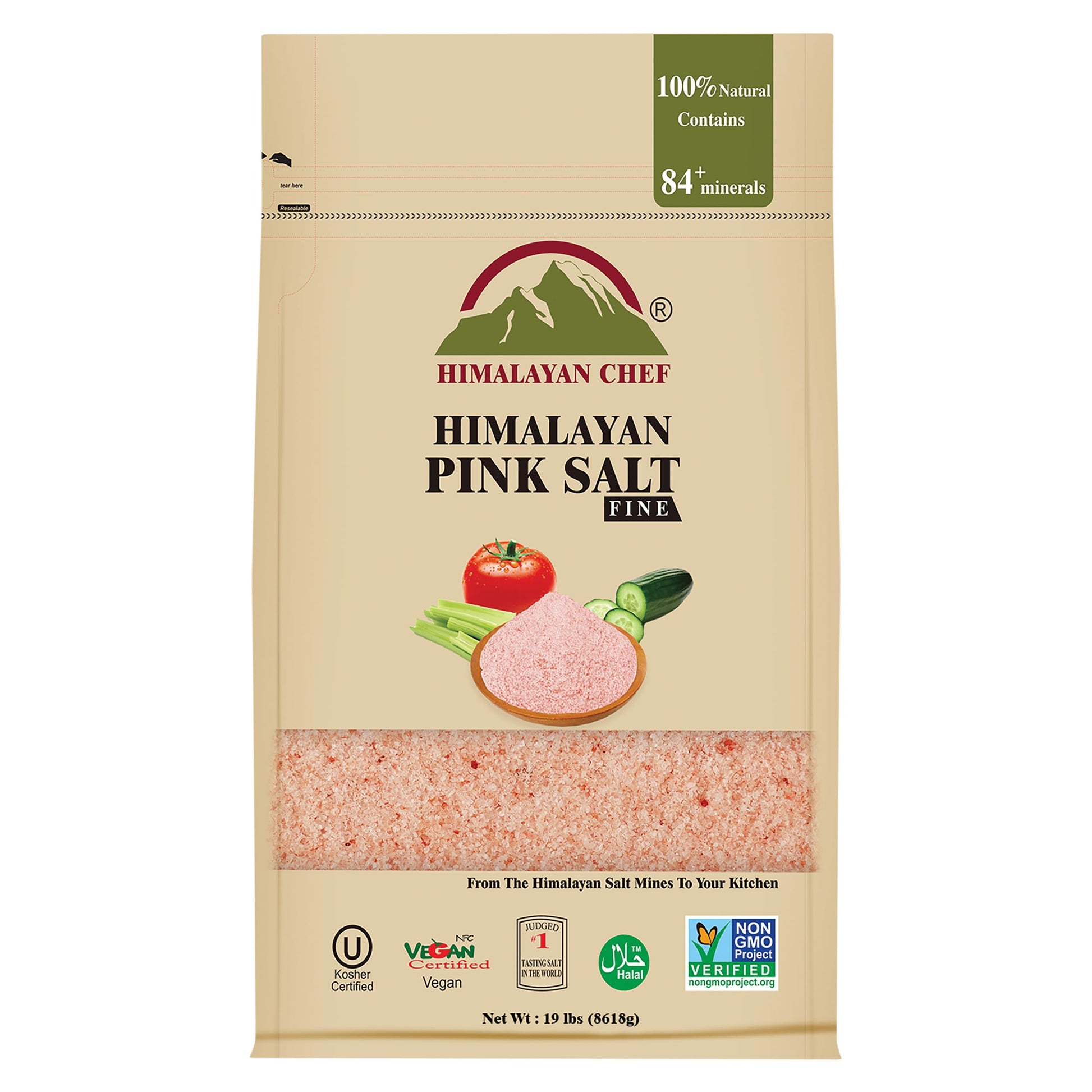 Himalayan Chef Pink Himalayan Salt, Extra Fine Grain, 19 lbs Bag - Pure, Natural, Kosher Certified, Non-GMO, Ideal for Cooking, 