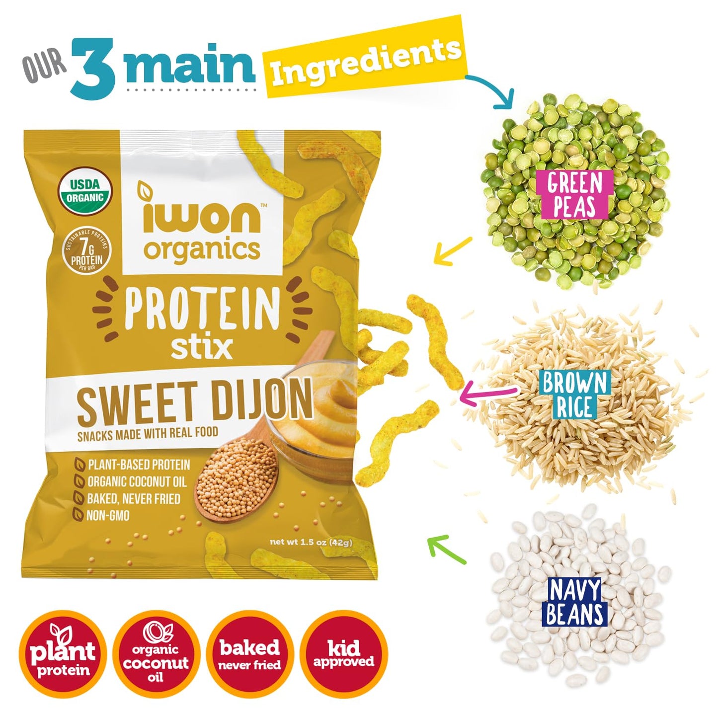IWON Organics Sweet Dijon Flavor Snack Stix, High Protein and Organic Healthy Snacks, 8 Bags, 1.5 Ounce