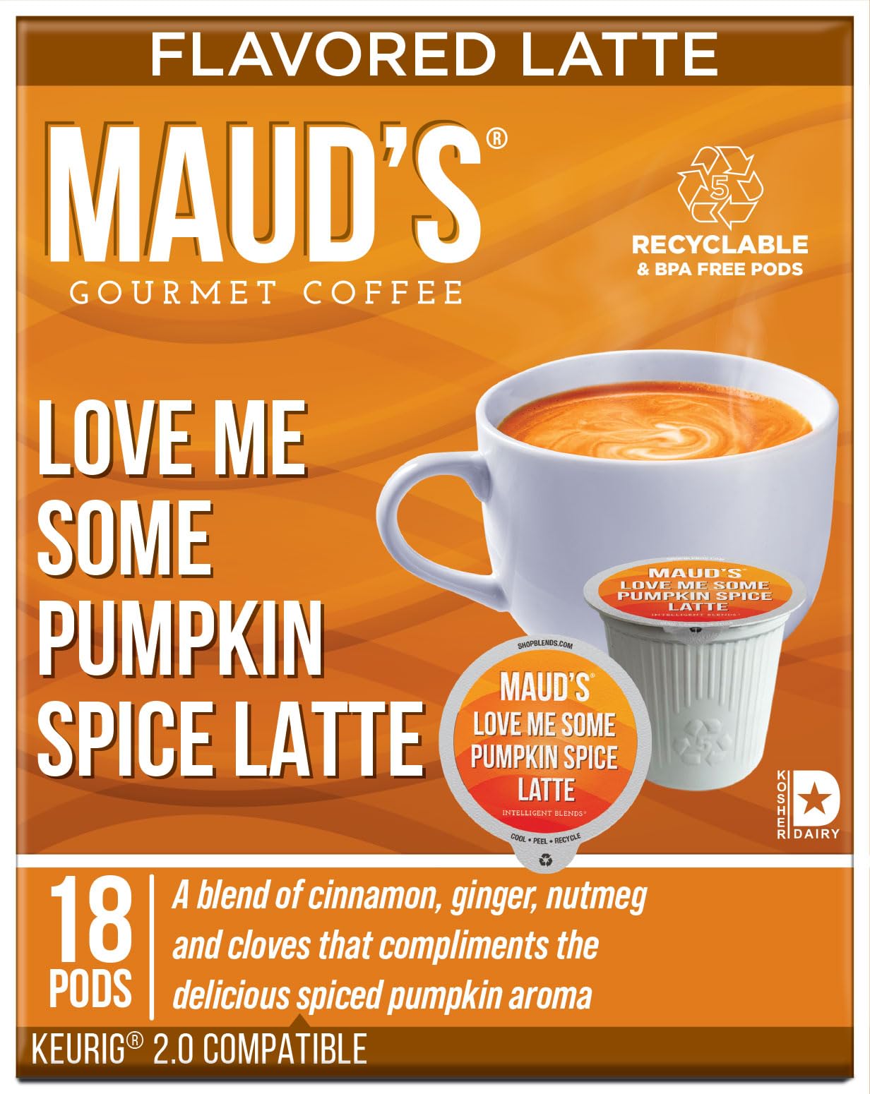 Mauds Pumpkin Spice Latte Coffee Pods  18 ct | Love Me Some Pumpkin Spice Latte | 100% Arabica Coffee | Solar Energy Produced Recyclable Single Serve Coffee Pods Compatible with Keurig K-Cup malt-inspired