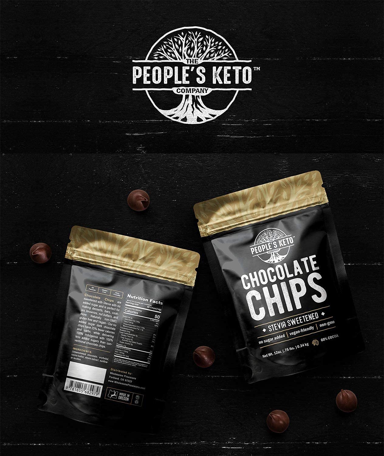 Sugar Free Large Chocolate Chips, Stevia Sweetened, 12 Oz. Value Size, Non-Gmo, Vegan, Keto, Low Carb, 60% Cocoa, All Natural, B